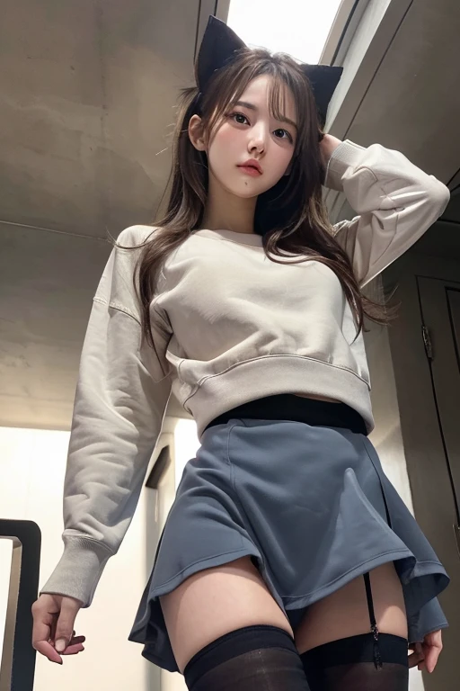 ((NSFW))、girl wearing a sweatshirt, shorts, ((view from below)), long stockings or pantyhose, ((Upskirt)), medium breasts, spread your legs,
(very detailed), (perfectly detailed face), (detailed hands), photorealistic images.