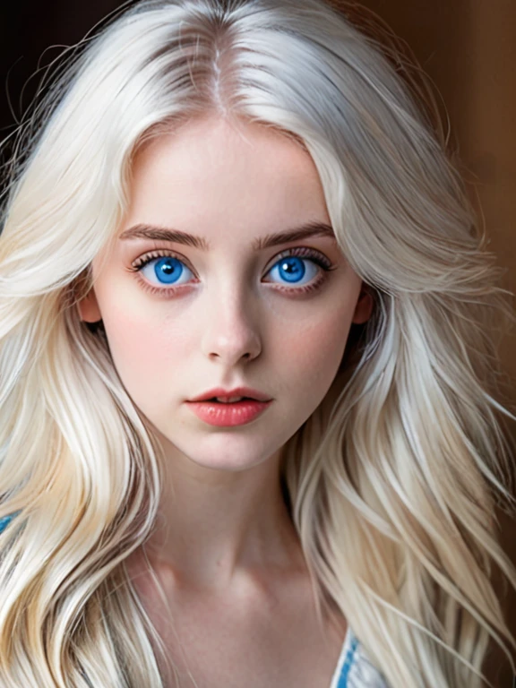 Young typical Spanish woman with pale skin, big blue eyes and long white hair, elle a une mèche noir qui descend devant son visage