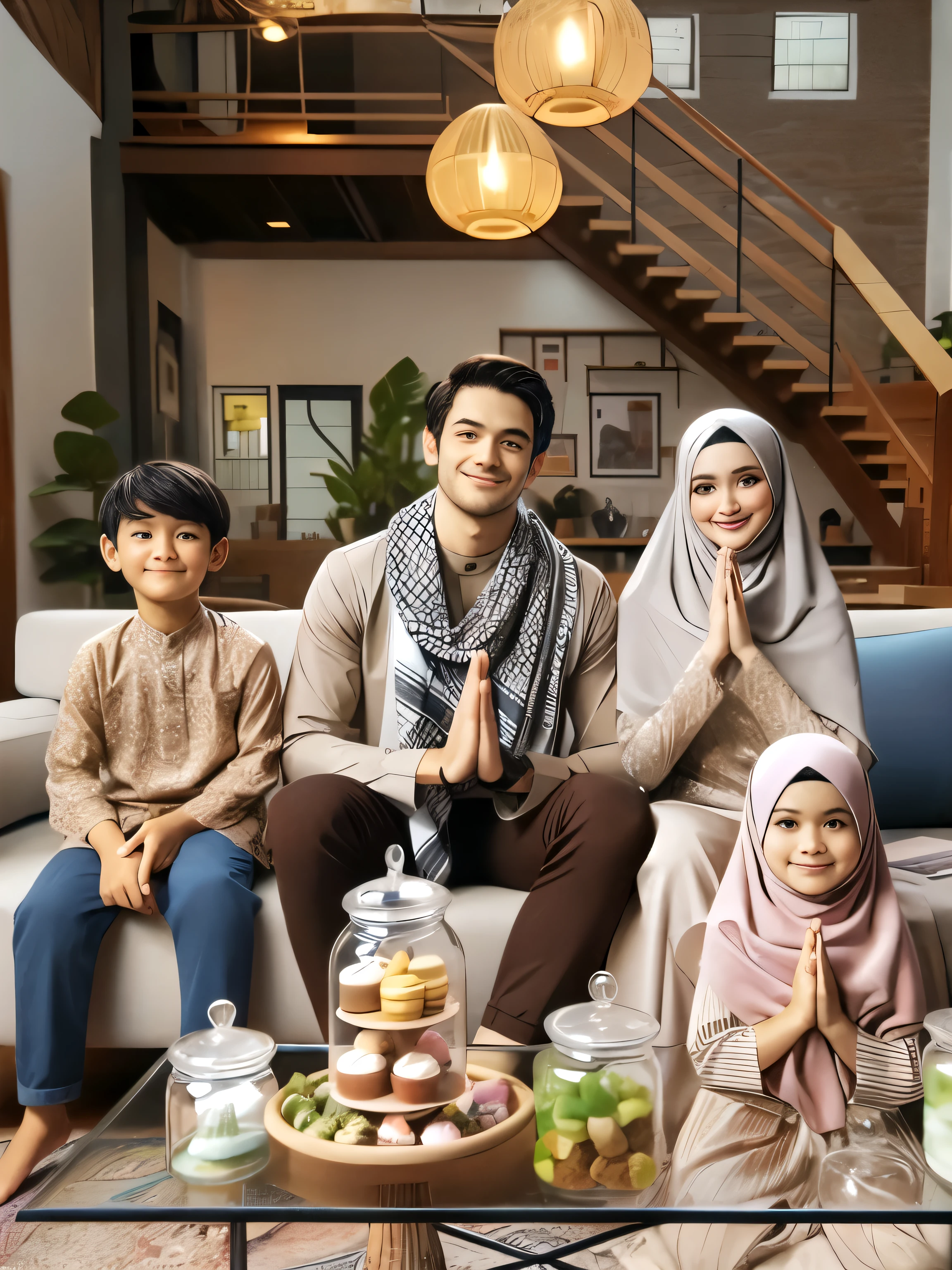 there are three people sitting on a couch with a cake, an indonesian family portrait, happy family, shutterstock, muslim, family portrait, portrait shot, husband wife and son, istock, promotional image, joyful people in the house, islamic, by Basuki Abdullah, a still of a happy, mix of ethnicities and genders, home photography portrait, family dinner