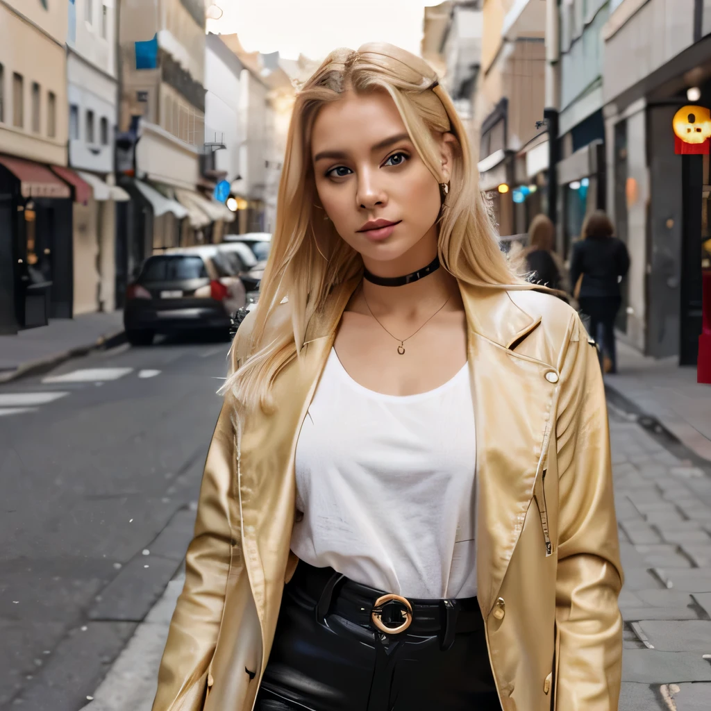 Attractive and beautiful influencer blonde hair posing in style in street