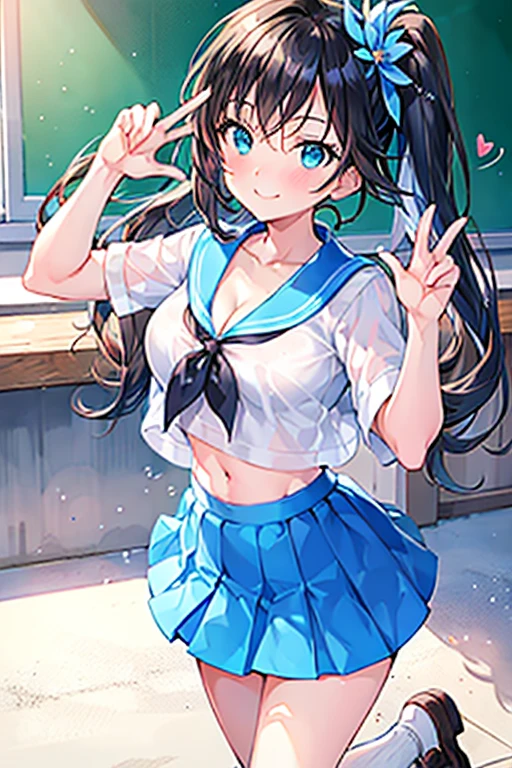 Tazune rirei, 8k, ultra-detailed, Masterpiece, best quality, perfect lighting, aqua eyes, black hair, side ponytail, cleavage, navel, spoken heart, , white shirt, skirt, socks, loafers, classroom, portrait, bokeh, blush, grinning, making a peace sign, ((dynamic pose)), standing on floor