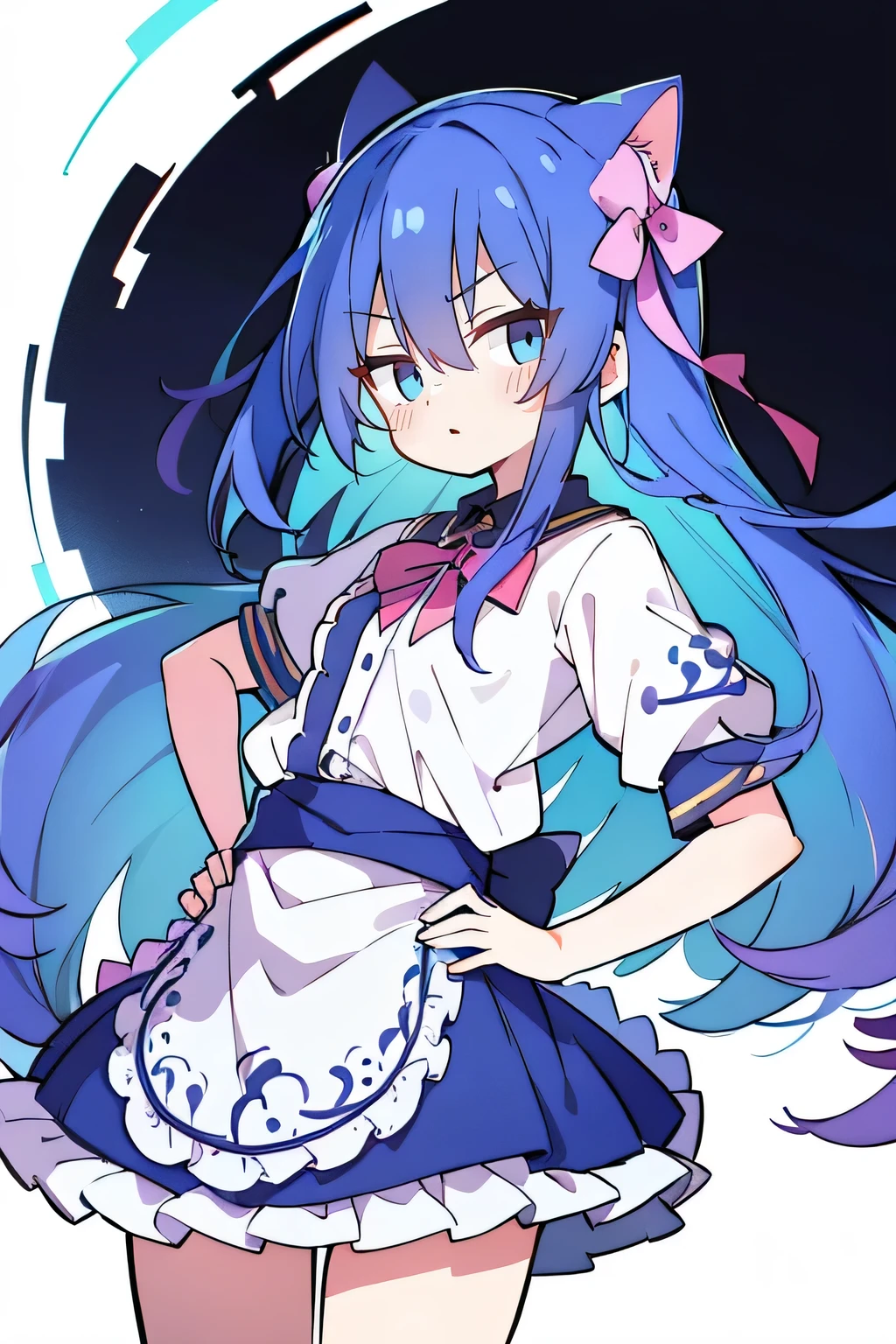 (masterpiece),best quality, expressive eyes, perfect face, 1girl,
 Put your hands on your waist,fair, Gorgeous,Japanese cartoons,girl,lola,Hina Angel, blue hair, blue haired, floating clothes,Grab your waist, Grab your waist, hands on hips , hands on hips,sit, sit on ground, Legs on the ground, flat chest,cat ears,dark blue eyes,