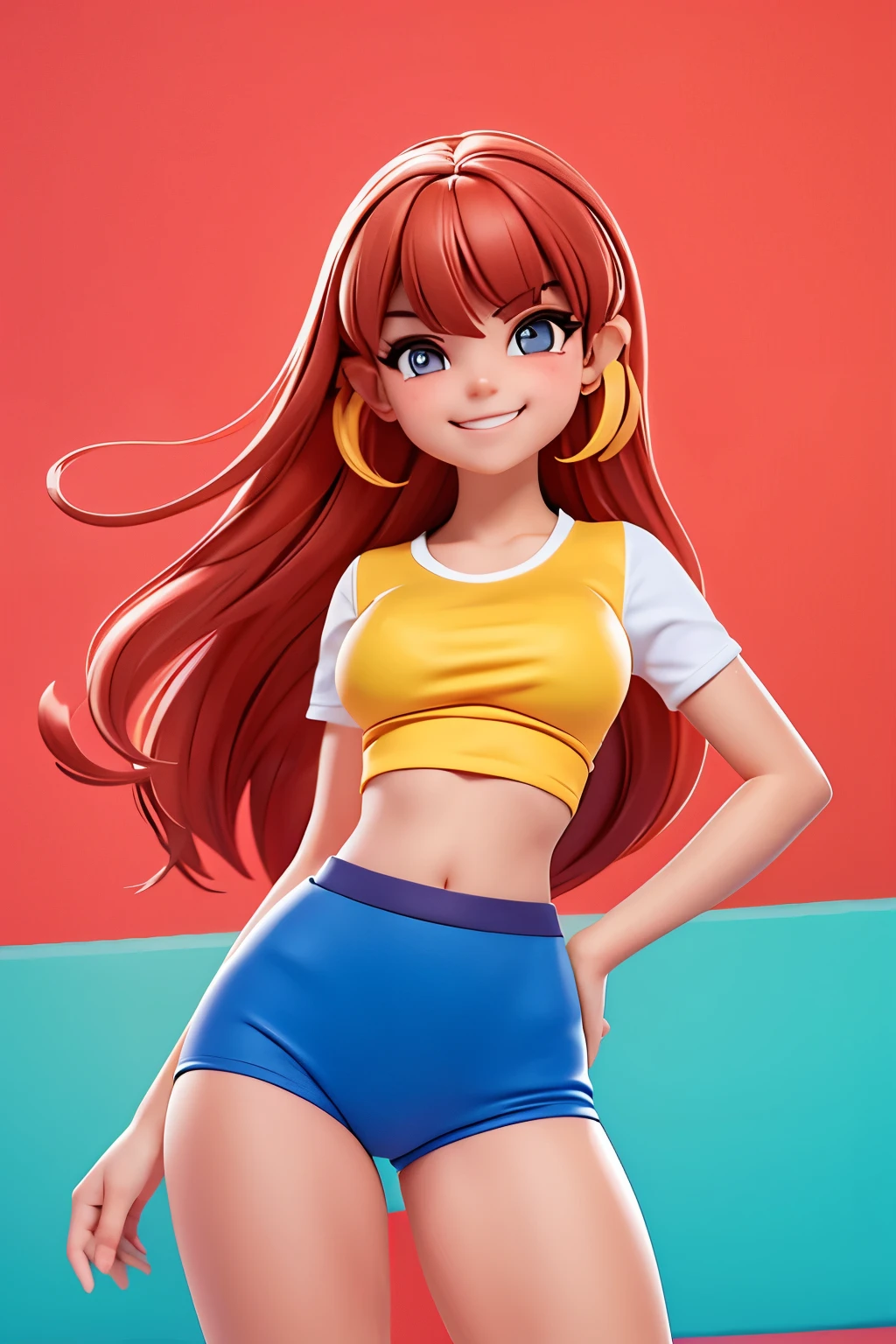 A highly detailed portrait of an incredibly beautiful young woman wearing a tight fitting volleyball t-shirt and shorts.. Cabello largo color cian quemado ondeando al viento . Deslumbrantes y brillantes ojos rojo anaranjado., pecas y rubor. Mouth smiling with joy.. Leaning towards the camera with her arms crossed playfully behind her back. free spirit person. Looking directly at the camera and winking.. Arthenin&#39;s art style..