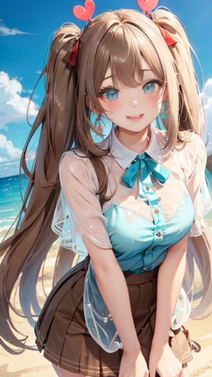 (Glasses)、The arrival of autumn、big butt、big butt、 Super detailed,bright colors, very beautiful detailed anime face and eyes,highest quality, hyper detail, masterpiece, look straight, ;shiny_skin,girl, ((long hair、gradation hair , Half white hair、Half brown hair: 1.5)) 、forehead is exposed、shiny hair, delicate beautiful face, blush、(turquoise eyes), White skin, Valletta, Mature earrings,、sandy beach、blue sky、Wind、((ribbon、(heart pattern、See-through brown extremely tight skirt)))、twin tails、smile、happy face、face dyed red、dynamic、show off your butt