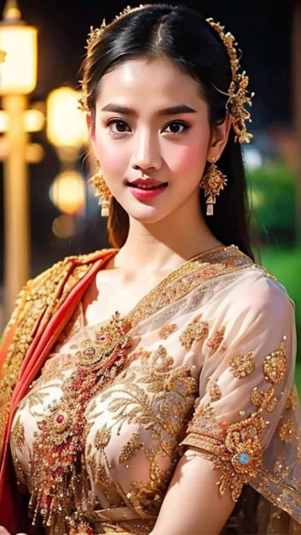 Thaifacemixx, (Virtual image:1.4)、), 1 Thai Girl、dark brown hair、Bare your chest, showing your beautiful breasts.,Glowing skin、Spectacular Thai costumes,((The details are extremely realistic.))、Bright and soft to the eyes,realistic light illumination、sparkling eyes、Facing the camera ,Masterpiece、Asian beauty、beautiful studio complete anatomy、、beautiful background、Realistic picture 8k、Highest quality、Masterpiece、very delicate