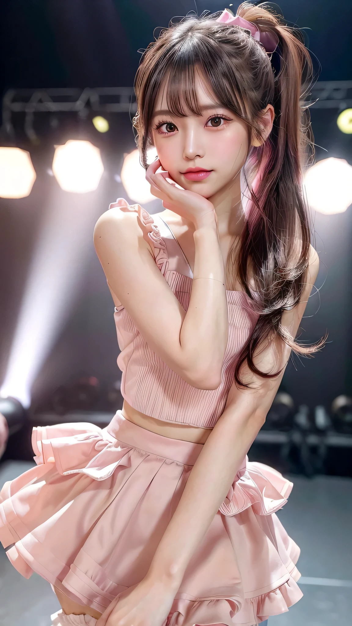 close up of face,blush,face forward,small breasts,14 years old,long hair ponytail,on stage,in the spotlight,((8K, Raw photo, best quality, muste piece:1.2), (Reality, photorealistic:1.4), (Highly detailed 8K wallpaper), Depth of the bounds written, cinematic lighting, soft light, detailed beauty eye,Shiny and smooth light brown ponytail, asymmetrical bangs, shiny skin, super detailed skin ,high resolution, high detail, detailed hairstyle, detailed beauty face, hyper real, perfect limbs, perfect anatomy ,1 Japanese girl,famous japanese idol, perfect female body,shy smile,short eyelashes,double-edged eyelids,look straight here,Hair style is ponytail、Pink colored long dress with lots of ruffles, softly shaped skirt, standing on stage,pink ribbon on head,She is wearing a skirt with lots of frills,pose is random,Neat clothes