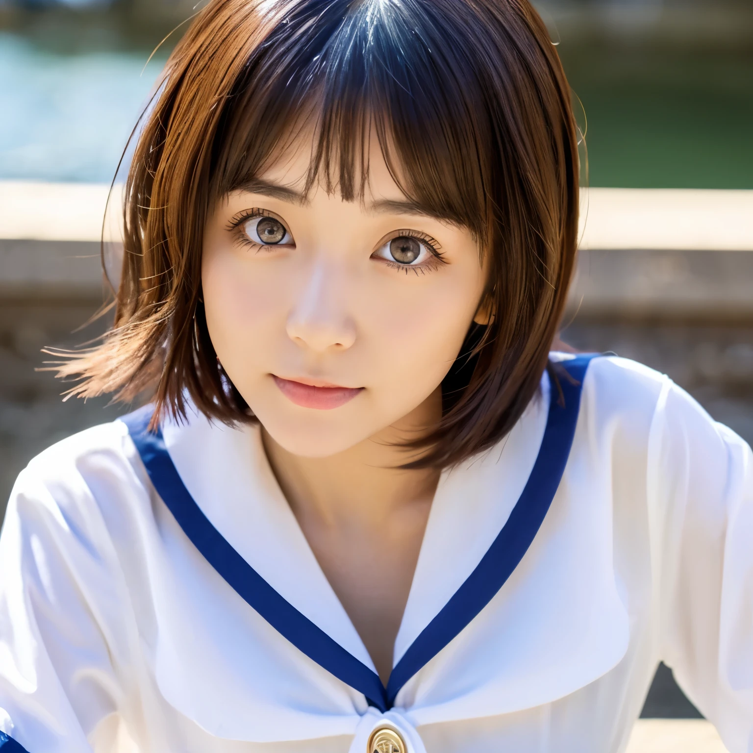 Beautiful Japanese girl, big eyes, droopy eyes, double eyelids, small face, mischievous smile, bob cut hair, exposed cleavage, voluptuous bust, sailor suit