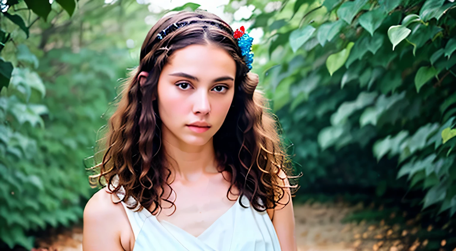 raw photo, 1girl, brunette hair, blue eyes, shoulder length hair, hair with curly ends, wearing white, circlet, bracelets, outdoor, realistic skin texture, softcore, warm lighting, cosy atmosphere, Instagram style