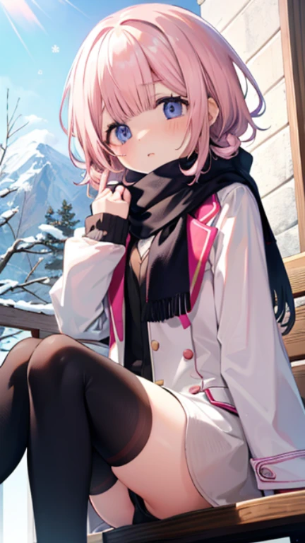 、、Shyness、blush、sit with legs stretched out、bench、顔をscarfで隠す、wear a coat、snow原、snow像、snow、cold、scarf、scarfを巻く、降snow高解像度、Full HD、8K quality、、、垂れeye、、、eyeのハイライト、生き生きとしたeye、澄んだeye、美しいeye、、口元をscarfで覆う、、look down、、、View from an angle、Side and angle view、、eyeのハイライト、、、eyeのハイライト、めちゃくちゃ美しいeye、Black tights with pink lines、turn around、look back、carefree smile、open your mouth wide、laughter、eye