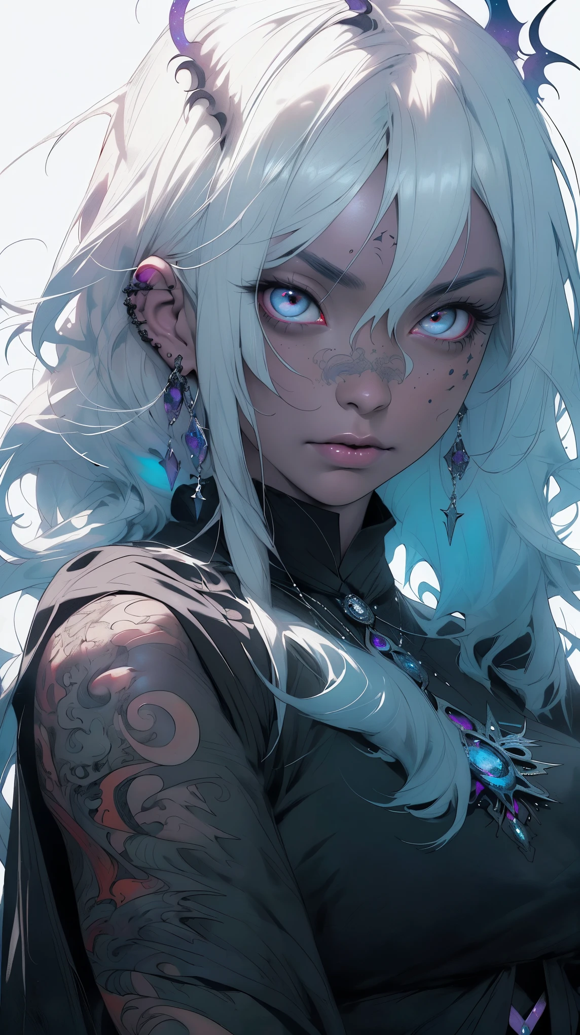 (masterpiece, top quality, best quality, official art, beautiful, cosmic, atmospheric, psychedelic, dreamlike and aesthetic, swirling psychedelic cosmic graffiti patterns:1.2), (1girl), extreme detailed,(fractal art:1.3),colorful,highest detailed, "(Best Quality, 8K, 32K, masutepiece:1.3), Ultra-detailed, (Photorealistic:1.4), pink and white colors, perfect color scheme, albino, demon girl, oni horns, angel wings, Detailed moonlight eyes, Upper body, Luxurious punk hair, Edgy Harajuku-inspired fashion, super huge enormously gigantic , cleavage showing, Avant-garde makeup, Numerous piercings, Heavily tattooed body, cherry blossoms and butterflies blowing in the wind, psychedelic cosmic dreamlike aesthetic atmospheric background
