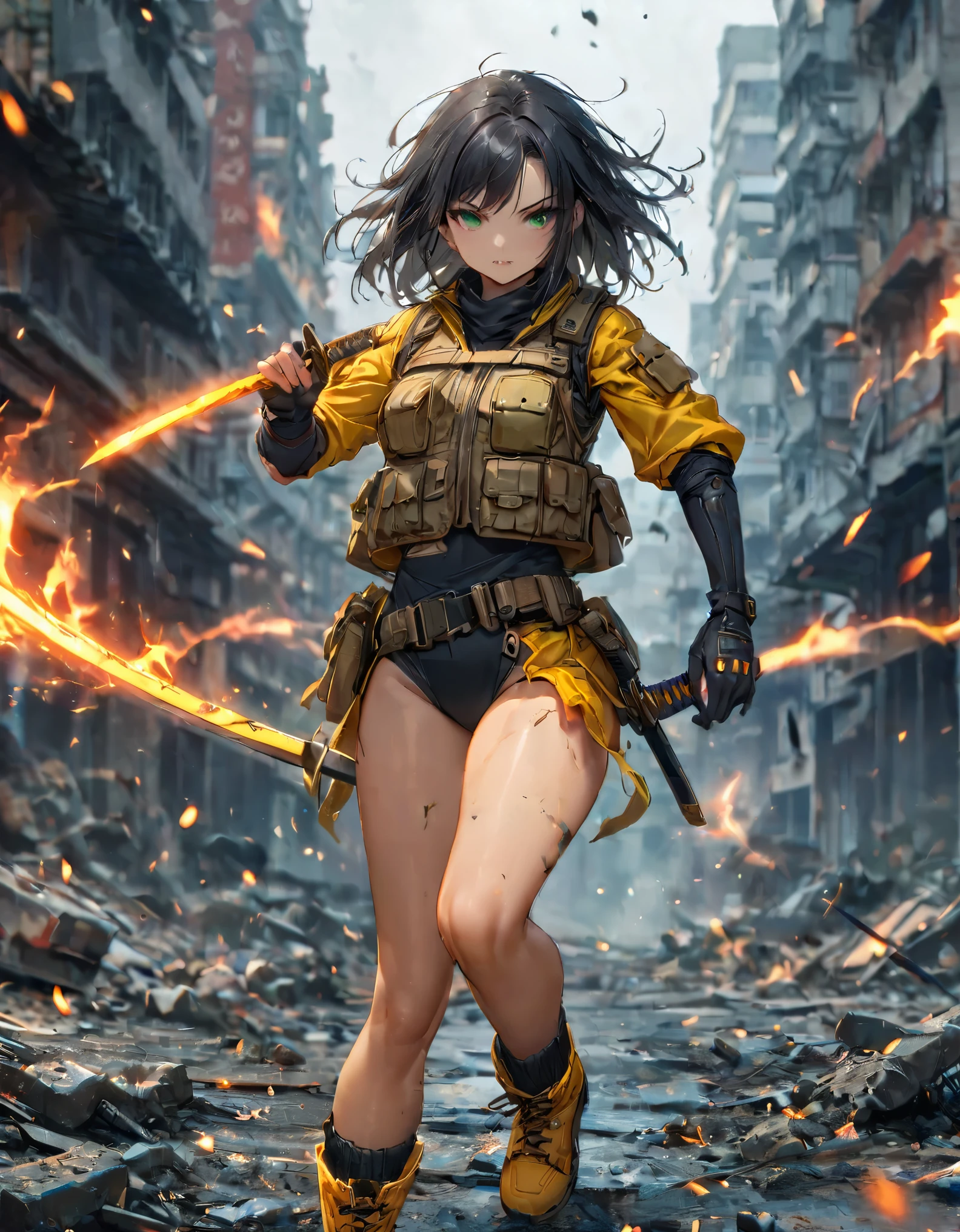 1 girl, close up shot, (black hair, medium hair, medium breasts, green eyes), ninja, perfect anatomy, city, cyberpunk style, ((load-bearing vest, belt, black gloves, black leotard, bare legs, yellow combat boots, matching boots)), ((dynamic action pose)), war, ruined city, battlefield, rubble, building, (holding weapon, katana), cowboy shot, body induced with black aura