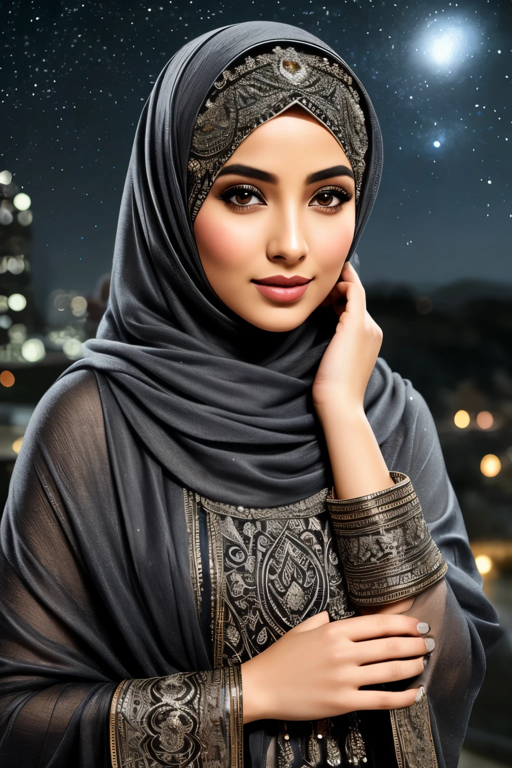 Full body portrait of an elegantly poised Arab model in a photorealistic style, adorned in a silver-hued hijab with Air Magic designs, donning stylish eyeglasses that add a touch of sophistication to her look. With her hijab covering her hair, she exudes a sense of mystery and allure. Dressed in a tribal, modest outfit that accentuates her romantic figure, she stands in the regal setting of a starry night, with a high definition, cinematic backdrop that beautifully highlights her curves. The dynamic light illuminating her silhouette enhances her shinny skin, providing a hyperrealistic representation of her features. Her facial symmetry