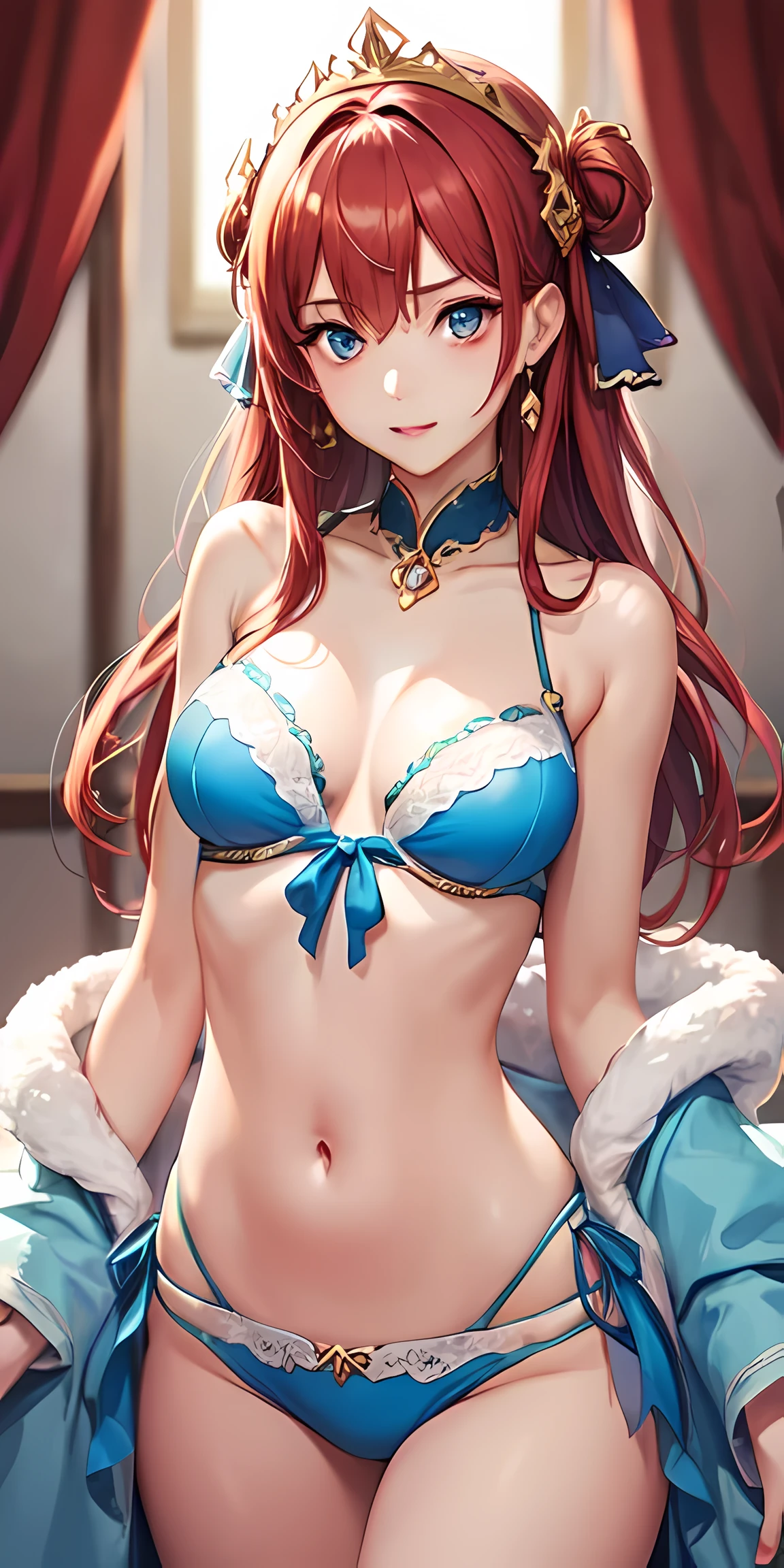 best quality、Photoreal、Super fine illustration、beautiful and charming anime girl,Eris Greyrat、Red hair、red eye、Ahoge、(serious expression、close your mouth)、(tall、slim body、small breasts、firm round chest)、The only girl、girl pictures、beautiful blue eyes、With Arabic background、Arabian dancer、Belly dance、 Wear a tie-side bikini、、Attractive mouth、Makeup、impressive red lips,