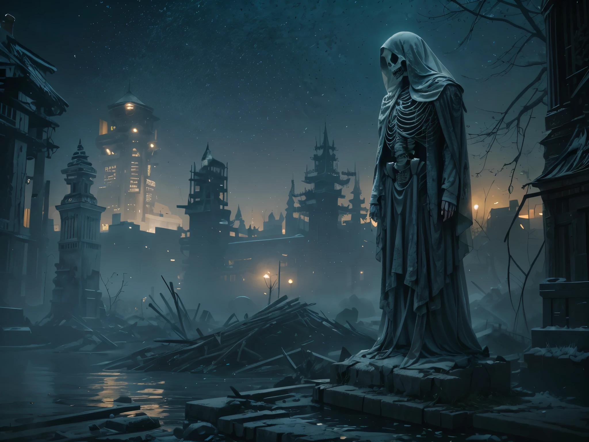 A skeleton ghost in tattered robes. Appearing above the mist-shrouded grave, The atmosphere was terrifying.,lonely,low light,The backdrop is a ruined city.,night time,Lights float in the air,It&#39;s dim.,fade away,The images are highly realistic.,8k, Pictures from horror movies,cyberpunk