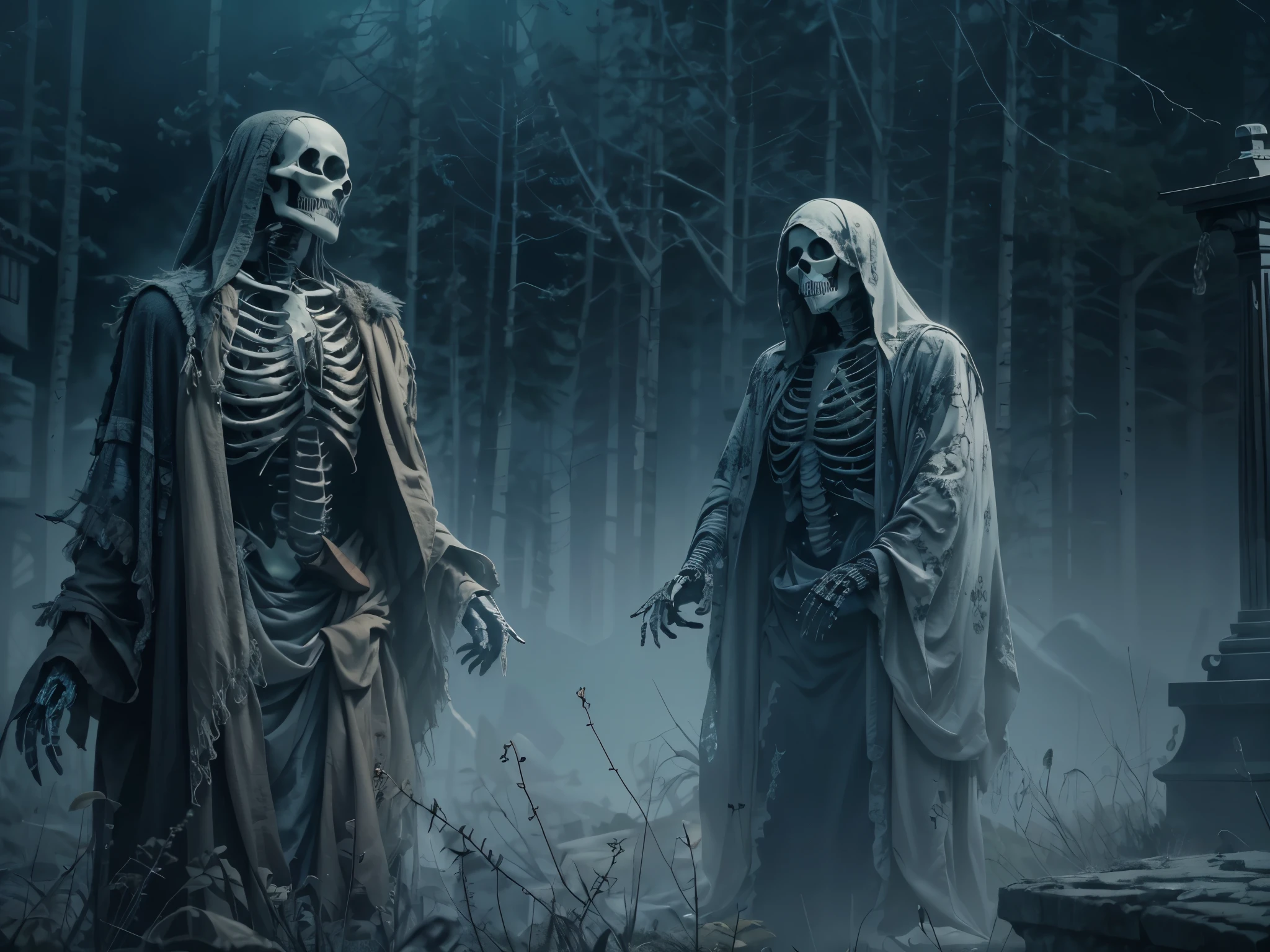 A skeleton ghost in tattered robes. Appearing above the mist-shrouded grave, The atmosphere was terrifying.,lonely,low light,The backdrop is a ruined city.,night time,Lights float in the air,It&#39;s dim.,fade away,The images are highly realistic.,8k, Pictures from horror movies,cyberpunk