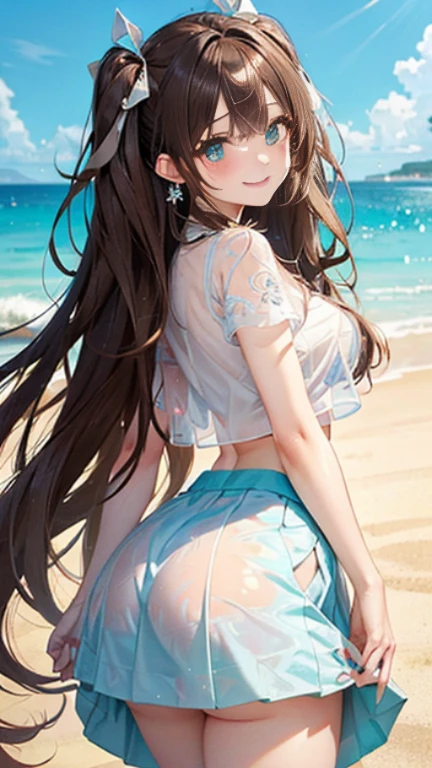 (Glasses)、The arrival of autumn、big butt、big butt、 Super detailed,bright colors, very beautiful detailed anime face and eyes,highest quality, hyper detail, masterpiece, look straight, ;shiny_skin,girl, ((long hair、gradation hair , Half white hair、Half brown hair: 1.5)) 、forehead is exposed、shiny hair, delicate beautiful face, blush、(turquoise eyes), White skin, Valletta, Mature earrings,、sandy beach、blue sky、Wind、((ribbon、(Diamond pattern、See-through brown extremely tight skirt)))、twin tails、smile、happy face、face dyed red、dynamic、show off your butt