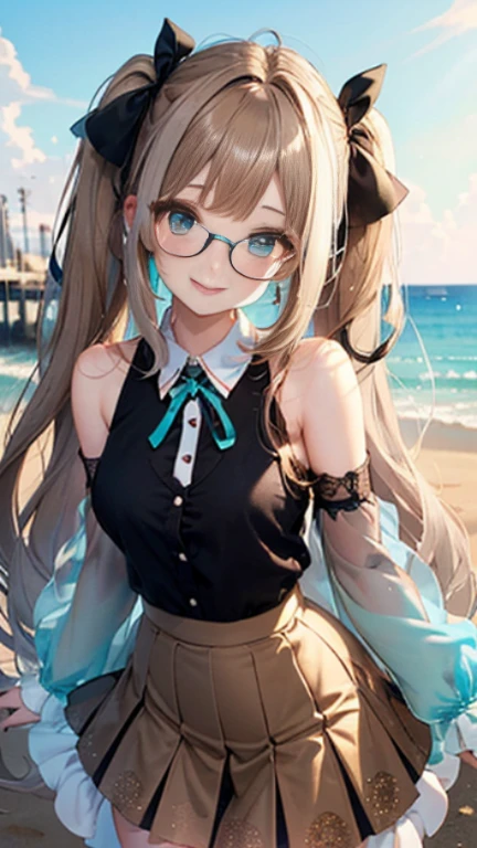 （Glasses）、The arrival of autumn、big butt、big butt、 Super detailed,bright colors, very beautiful detailed anime face and eyes,highest quality, hyper detail, masterpiece, look straight, ;shiny_skin,girl, ((long hair、gradation hair , Half white hair、Half brown hair: 1.5)) 、forehead is exposed、shiny hair, delicate beautiful face, blush、(turquoise eyes), White skin, Valletta, Mature earrings,、sandy beach、blue sky、Wind、((ribbon、(Diamond pattern、See-through brown extremely tight skirt)))、twin tails、smile、happy face、face dyed red、dynamic、show off your butt