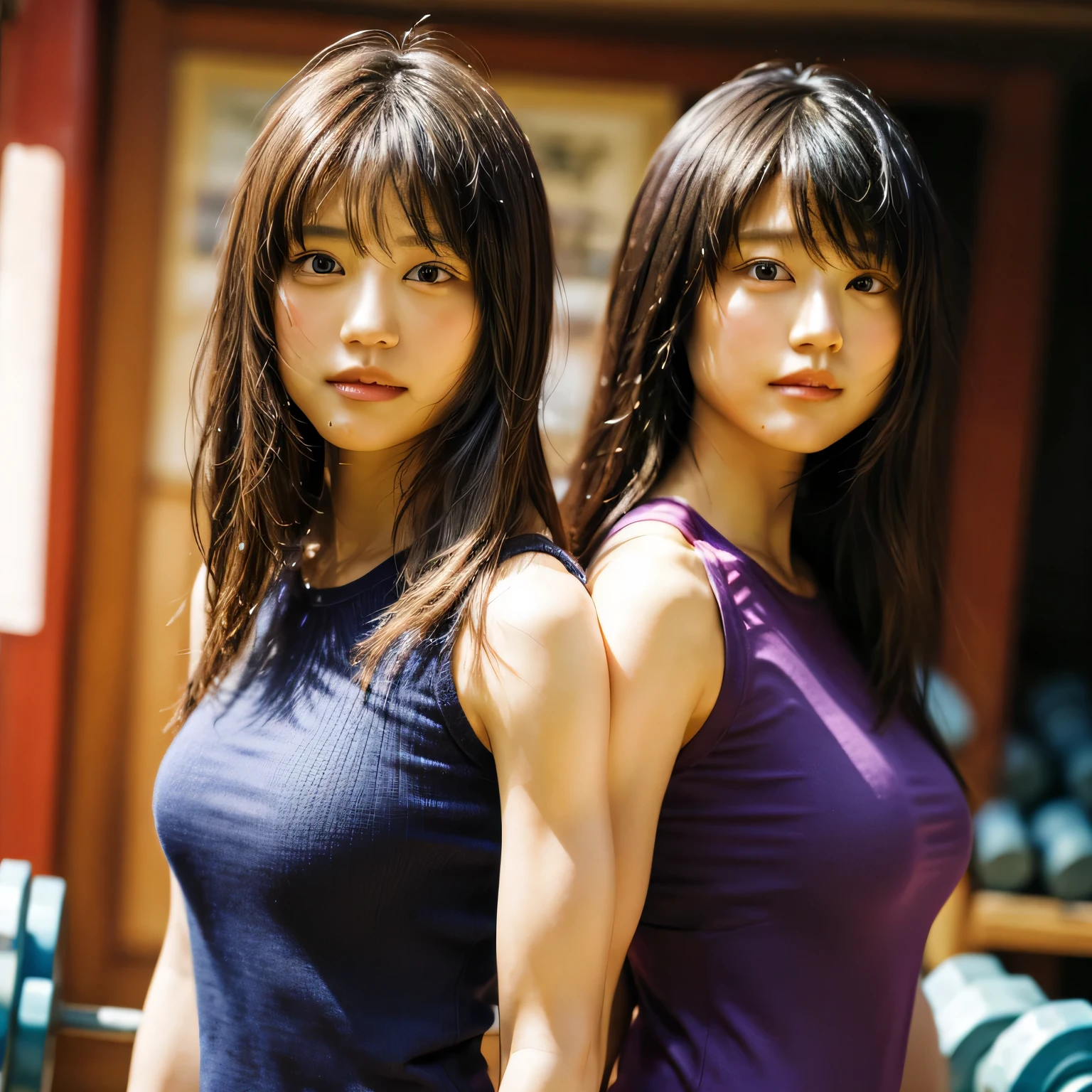 Beautiful identical twin sisters、(8K、Raw photo、highest quality、masterpiece:1.2)、(realistic、Photoreal:1.37)、Super detailed、超A high resolution、1 girl、There is a genuine uneven frame.、Kasumi Arimura、see the beholder、Beautiful and dense face、smile、narrow、(Muscular style) :1.3)、gymnastics、beautiful and smooth skin、skin texture、professional lighting、Full body Esbian、I'I am doing muscle training.....、(muscular body)、Hold dumbbells