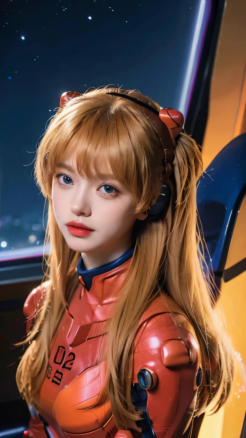 (top view),Dynamic angle,Super detailed, illustration, bust, direct, 1 girl, 
 ((Soryu Asuka Langley, interface headphone, red jumpsuit:1.4, Blonde)),Her eyes shone like fantastic stars,(glowing eyes:1.233),(Beautiful and delicate eyes:1.1),(Poker face,Keep your mouth shut),(permanent), 
(Mechanical room with tools and spaceship windows in white spaceship),
(night:1.2),fantastic, [[slender fingers and hands:0.55]::0.85],(Detail fingers),