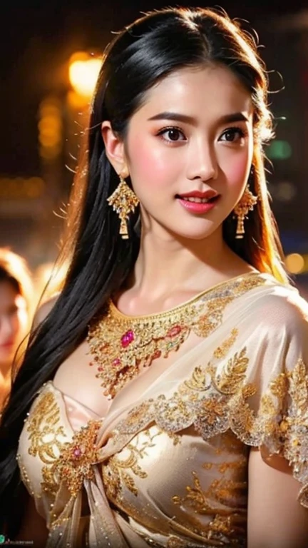 Thaifacemixx,  Virtual image、Realistic picture,complete anatomy), 1 Thai Girl、dark brown hair、Bare your chest, showing your beautiful breasts.,Glowing skin、Spectacular Thai costumes,((The details are extremely realistic.))、Bright and soft to the eyes,realistic light illumination、sparkling eyes、Facing the camera ,Masterpiece、Asian beauty、สตูดิโอที่สวยงาม complete anatomy、、beautiful background、Realistic picture8k、Highest quality、Masterpiece、very delicate