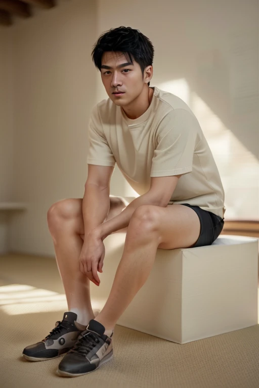 young man.masterpiece.Wearing a round neck T SHIRT and black sports shorts (realistic pictures:1.4), ((1 28-year-old Japanese young man)), (ultra high resolution:1.2), Very delicate and handsome, wonderful, Highly detailed CG Unity 8k wallpaper, super detailed, High resolution, soft light, handsome japanese man,Neatly combed suit hair. Highly detailed eyes and faces, Beautifully detailed nose, Beautiful and delicate eyes,