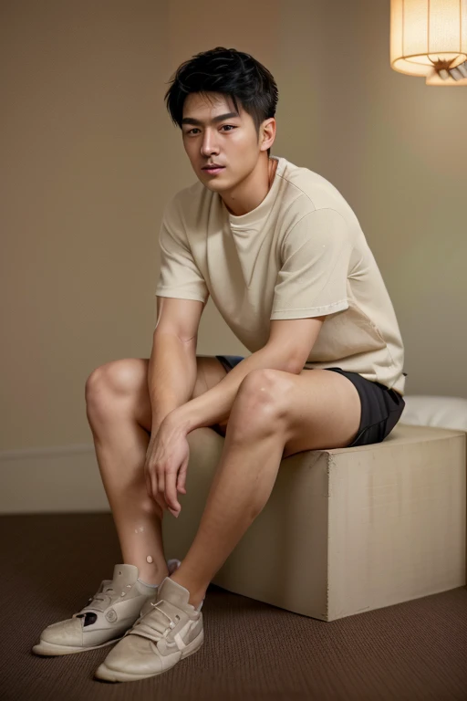 young man.masterpiece.Wearing a round neck T SHIRT and black sports shorts (realistic pictures:1.4), ((1 28-year-old Japanese young man)), (ultra high resolution:1.2), Very delicate and handsome, wonderful, Highly detailed CG Unity 8k wallpaper, super detailed, High resolution, soft light, handsome japanese man,Neatly combed suit hair. Highly detailed eyes and faces, Beautifully detailed nose, Beautiful and delicate eyes,