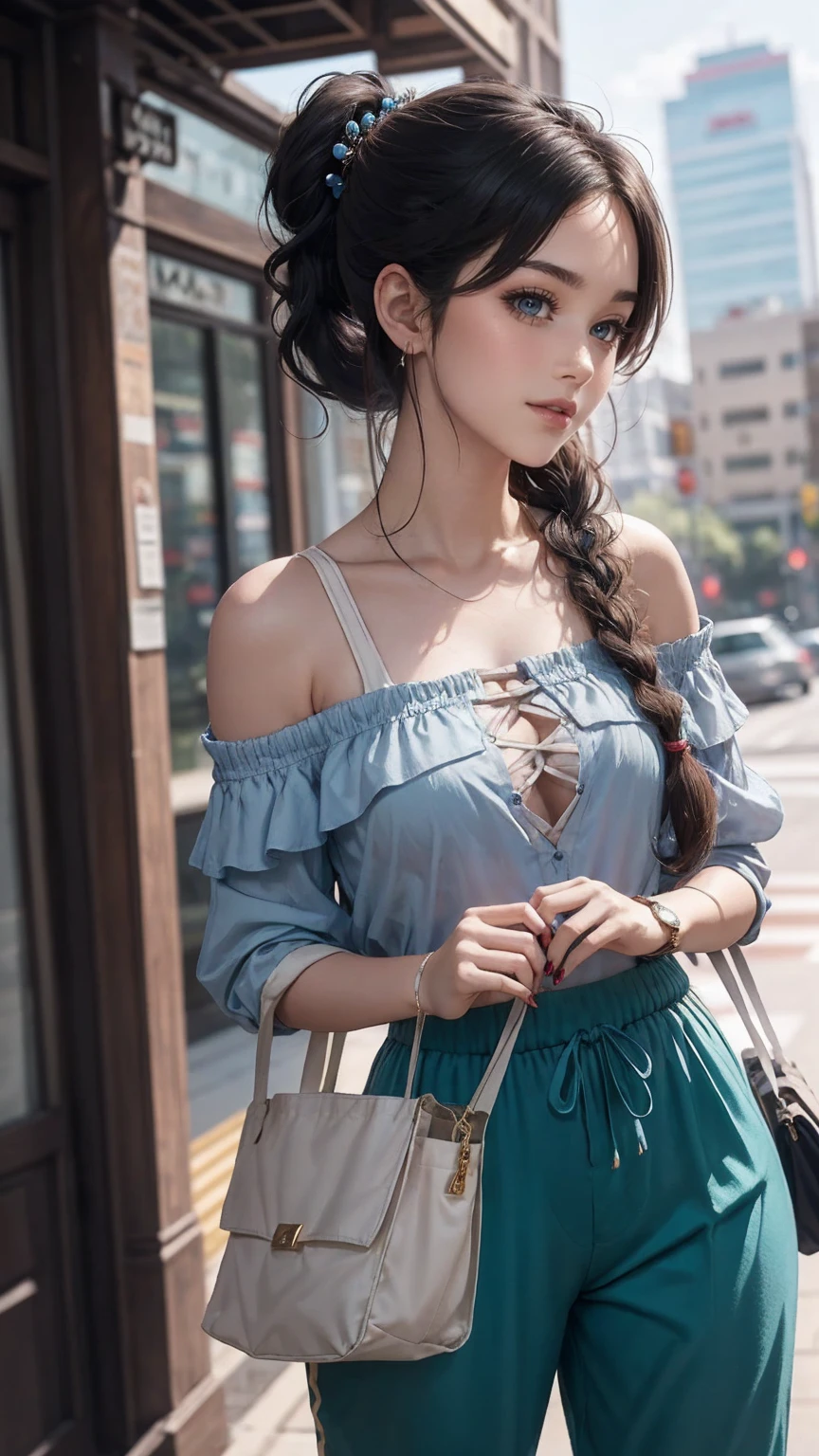 (最high quality, 8K, masterpiece: 1.3, Ultra HD, high quality, 最high quality, High resolution, realism)) 、25 year old white woman、brunette、blue eyes、long hair、smile、slender、slenderだがアスリートのような細マッチョ、I don't want my head to disappear from the screen.、Wear accessories on your wrist、Wearing red nail polish、I have a peticure、Sheer off-the-shoulder top((shoulder cutout tops))wear、Sheer Aladdin pants((aladdin pants))Wear、サンダルWear、Carry a tote bag over your shoulder、Braided ponytail((braided ponytail))、Skyscraper background、Waiting for a traffic light at an intersection