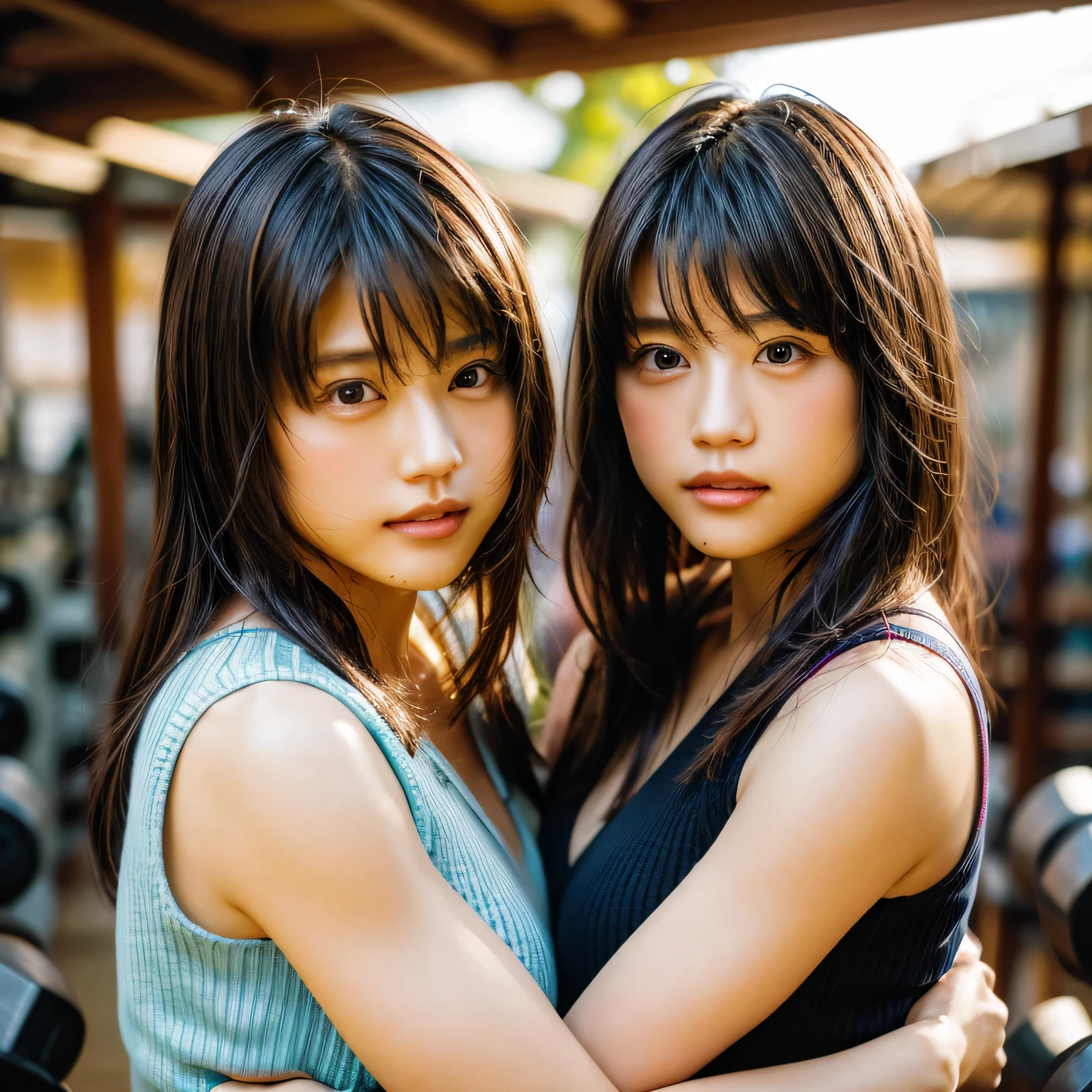 Beautiful identical twin sisters、(8K、Raw photo、highest quality、masterpiece:1.2)、(realistic、Photoreal:1.37)、Super detailed、超A high resolution、1 girl、There is a genuine uneven frame.、Kasumi Arimura、see the beholder、Beautiful and dense face、smile、narrow、(Muscular style) :1.3)、gymnastics、beautiful and smooth skin、skin texture、professional lighting、Full body Esbian、I'I am doing muscle training.....、(muscular body)、Hold dumbbells