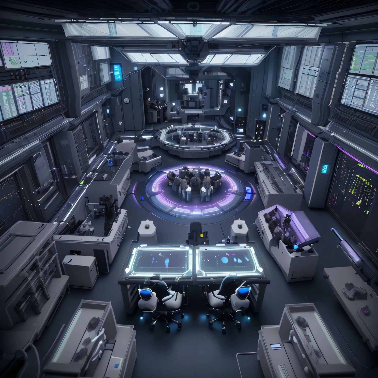top view game,top view of lab room crowded with scientists that are observing using hologram machine,no man's sky style world ,halo world color style but violetish,dark bckground,futurestic