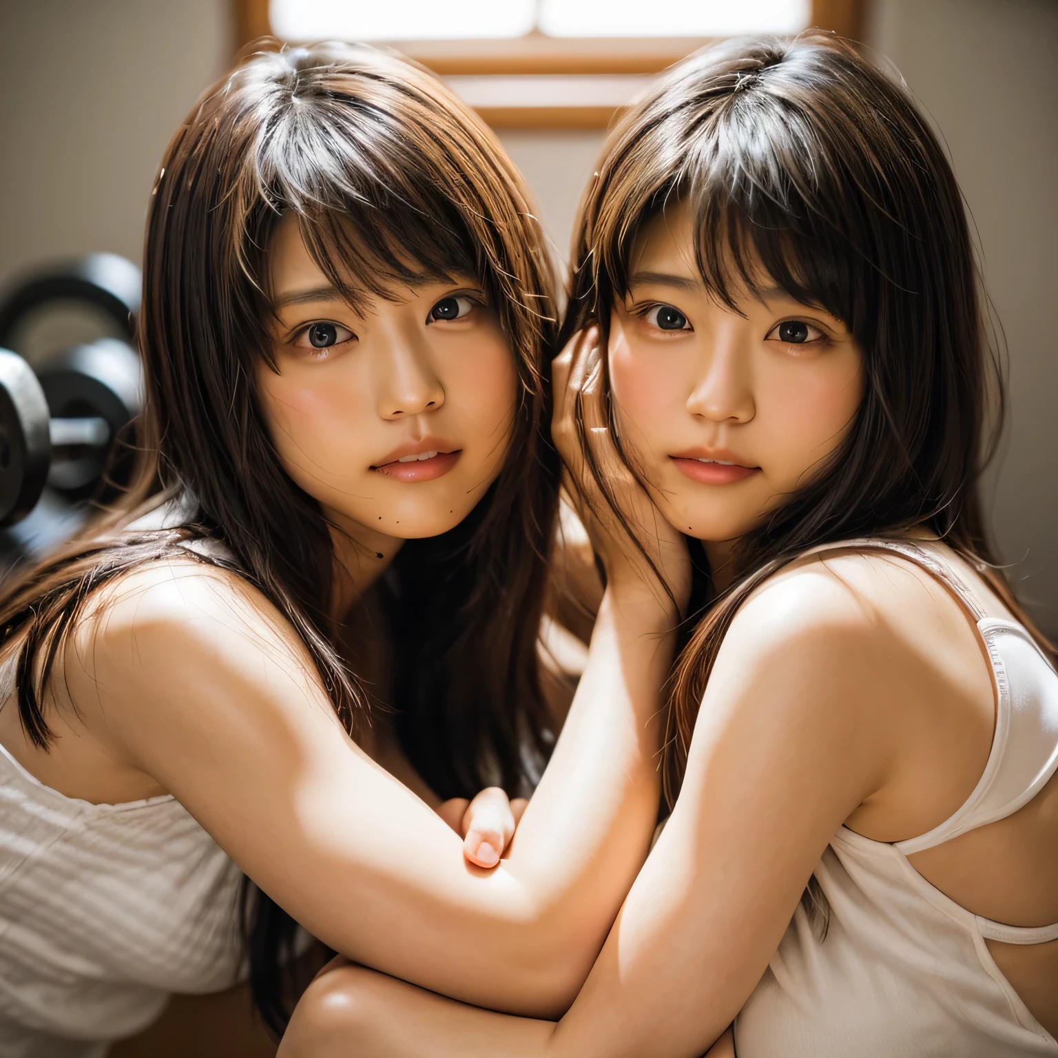 Beautiful identical twin sisters、(8K、Raw photo、highest quality、masterpiece:1.2)、(realistic、Photoreal:1.37)、Super detailed、超A high resolution、1 girl、There is a genuine uneven frame.、Kasumi Arimura、see the beholder、Beautiful and dense face、smile、narrow、(Muscular style) :1.3)、gymnastics、beautiful and smooth skin、skin texture、professional lighting、Full body Esbian、I&#39;I am doing muscle training.....、(muscular body)、Hold dumbbells