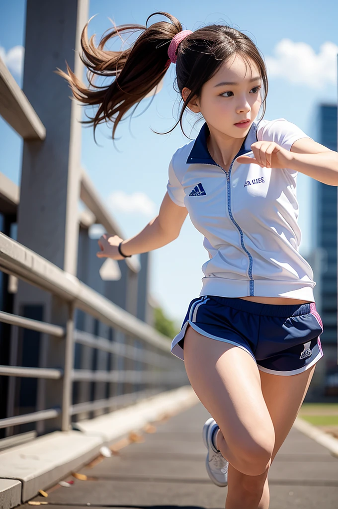 1 girl, solo, running, Gray Track Top, pink shorts, ponytail, athletic build, dynamic brushstrokes, fluid movement, capturing the essence of her athleticism and energy, using light colors and soft tones to create a dreamy and ethereal atmosphere, portraying the motion and grace of running, showing the wind blowing her ponytail and clothes, and the scenery of her surroundings.
outdoors, detailed background, Modern metropolis,