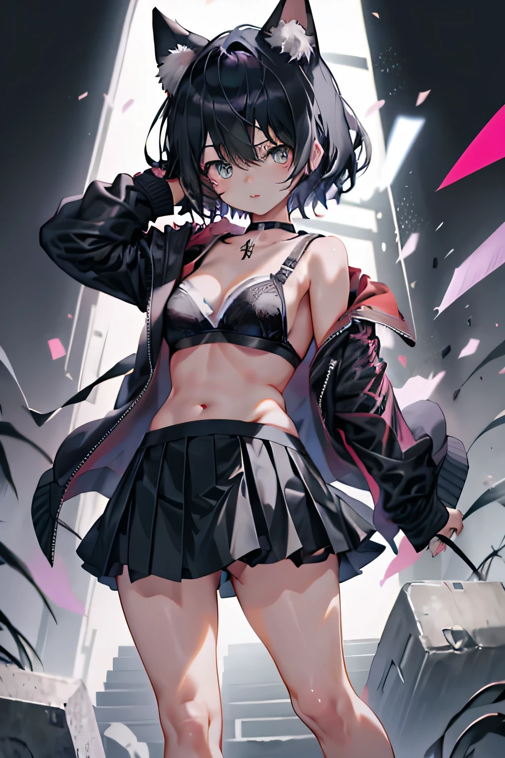 Anime girl with a black skirt standing on a black skirt, short tights on her legs and a black bra on top, covered with a black jacket 