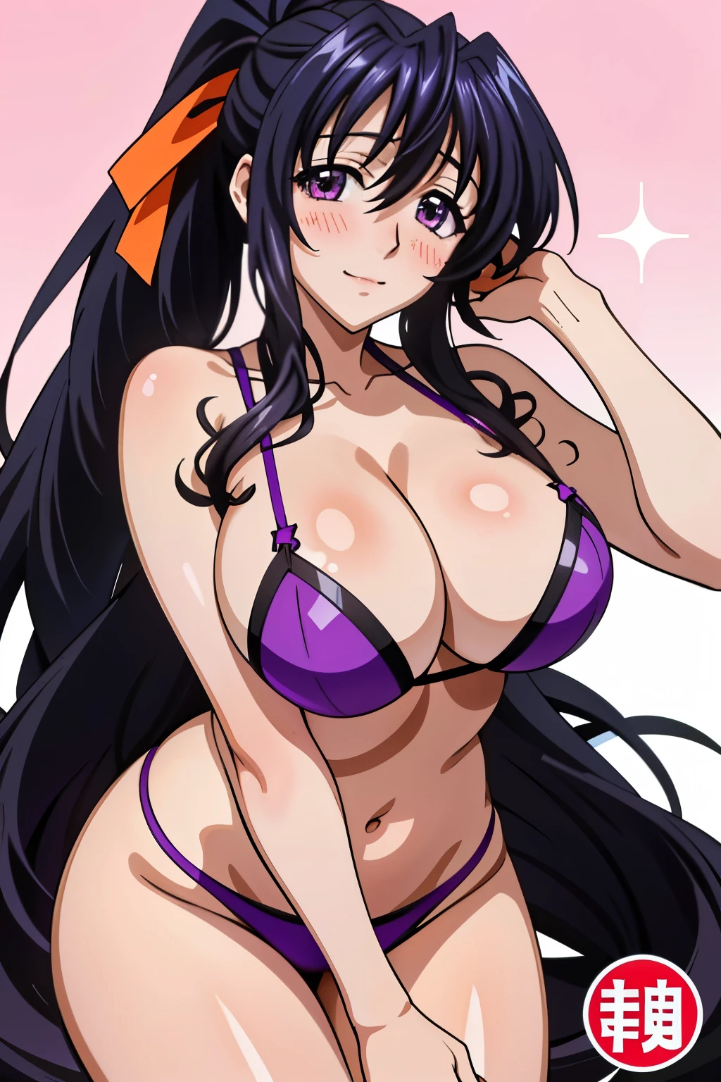 Himejima Akeno、long hair、blush、embarrassed face、one person、draw the eyes、cover up、horse riding、I can see the cleavage、Look