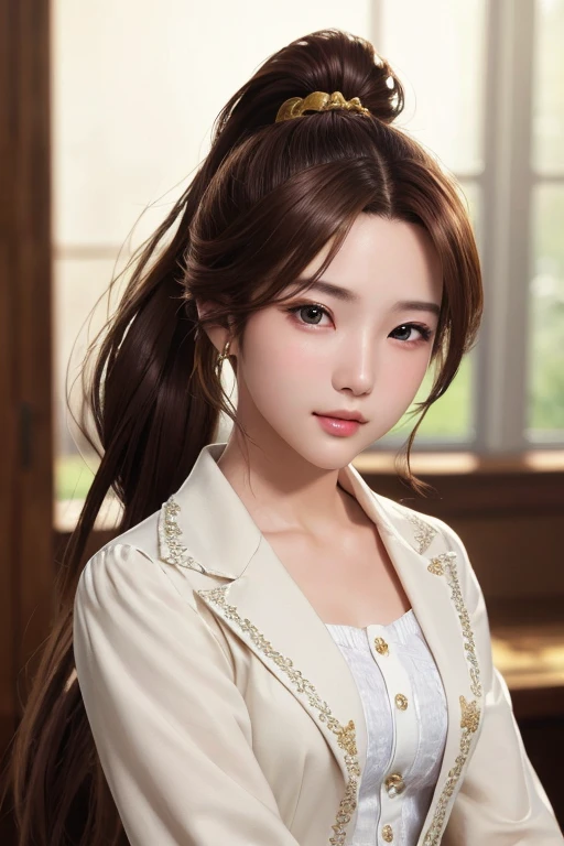 ultra high resolution、masterpiece、highest quality、
highly detailed face、detailed eye、Very difficult、、perfect shiny shiny skin、perfect lighting、detailed lighting、dramatic shadow、ray tracing、16 years old、
1 girl、ponytail hairstyle、Upper body、Dandy costume、looking at the viewer、(slight smile:0.4)