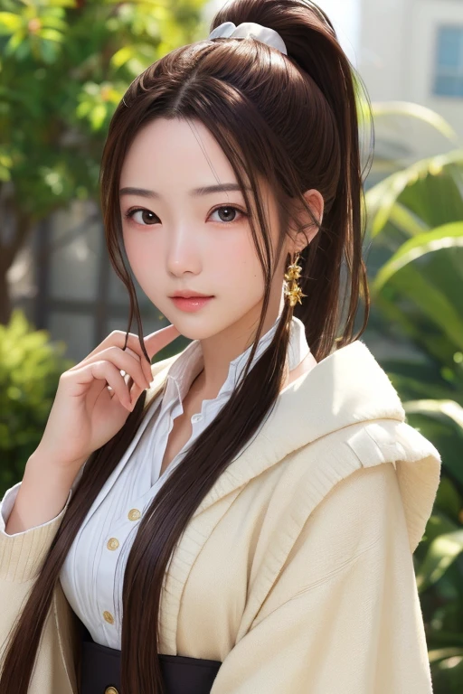 ultra high resolution、masterpiece、highest quality、
highly detailed face、detailed eye、Very difficult、、perfect shiny shiny skin、perfect lighting、detailed lighting、dramatic shadow、ray tracing、、
1 girl、ponytail hairstyle、Upper body、Dandy costume、looking at the viewer、(slight smile:0.4)