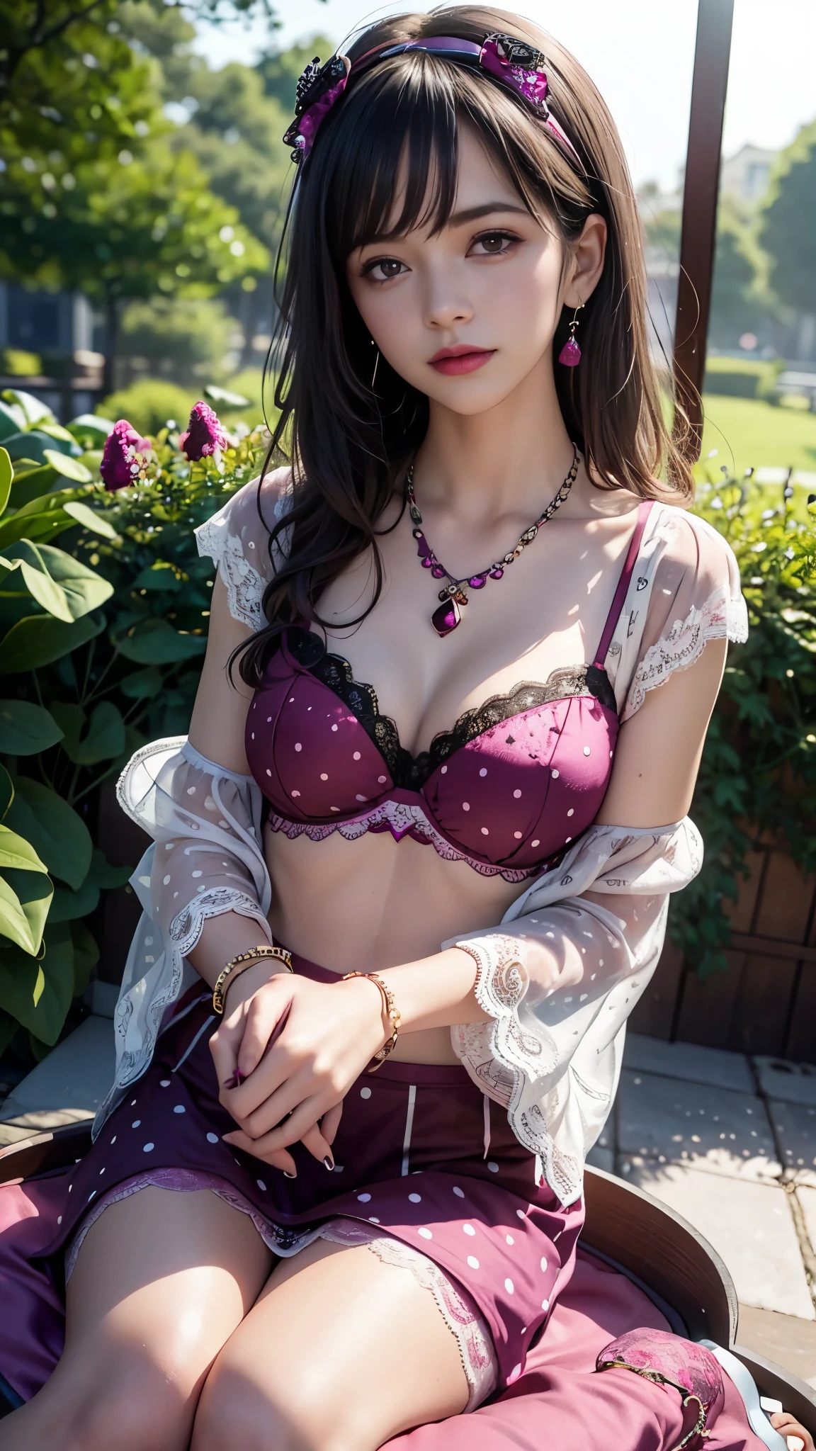 best quality, masterpiece, 1girl, (polka dot lace), (magenta lace:1.5), (magenta sardine:1.5) hair ornament, necklace, (jewellery:1.8), Beautiful face, small breasts, tyndall effect, photorealistic, rim lighting, two tone lighting, (high detailed skin:1.2), dslr, (spreading light:1.5) soft lighting, high quality, volumetric lighting, candid, in the garden, Photograph, high resolution, 4k, 8k, Bokeh, cute pose,