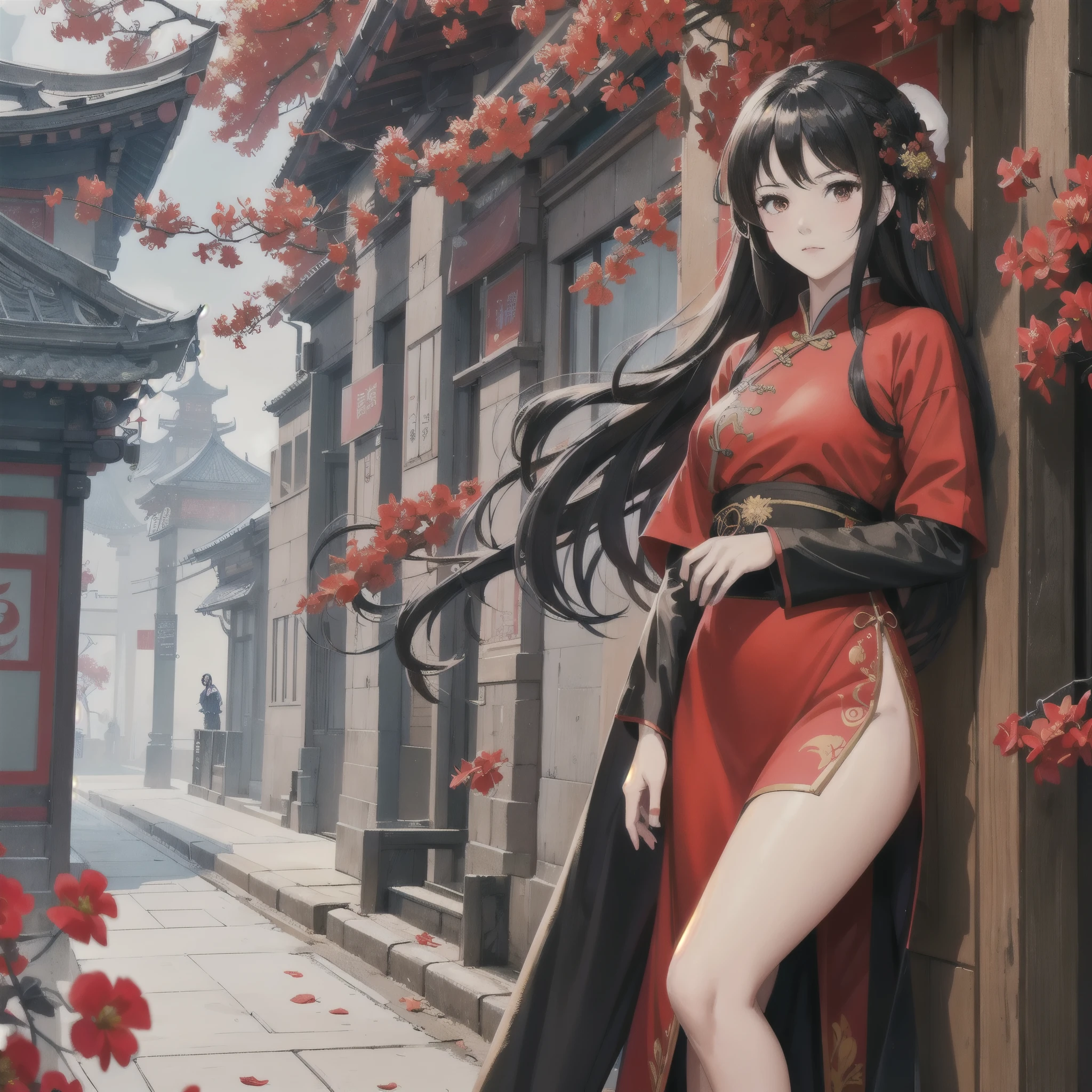 Wearing a red and black dress、Anime girl with red flowers in her hair, guweiz style artwork, guweiz, Chinese girl, Popular topics on cgstation, Cute anime waifu wearing beautiful clothes, guweiz on pixiv artstation, palace ， A girl wearing Hanfu, Beautiful digital artwork, guweiz on artstation pixiv