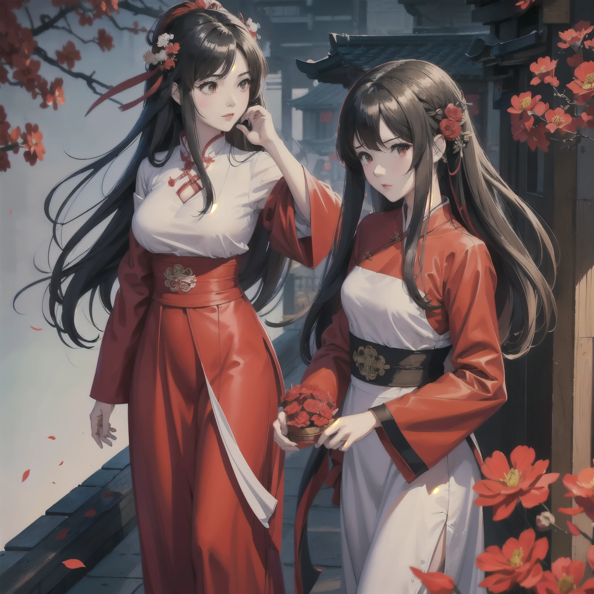 Wearing a red and black dress、Anime girl with red flowers in her hair, guweiz style artwork, guweiz, Chinese girl, Popular topics on cgstation, Cute anime waifu wearing beautiful clothes, guweiz on pixiv artstation, palace ， A girl wearing Hanfu, Beautiful digital artwork, guweiz on artstation pixiv