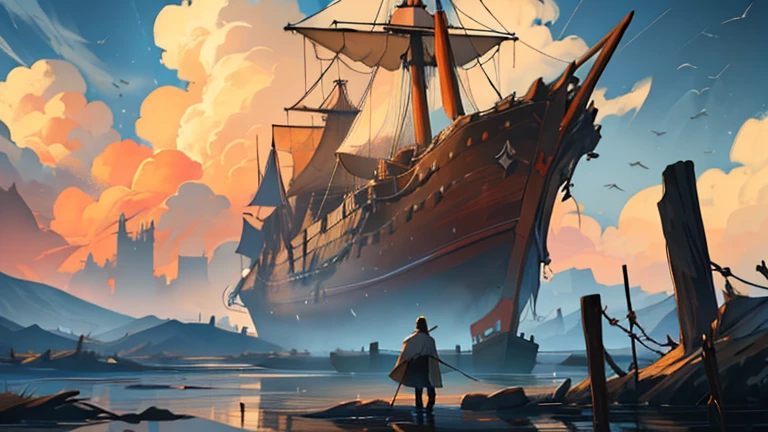 In a biblically accurate scene, Noah stands before a colossal boat resting on dry ground, its immense hull towering behind him against the backdrop of a vast landscape. Clad in simple yet sturdy garments—a weathered tunic of earthy tones and sturdy leather boots—Noah's back is turned towards the viewer, his posture reflecting the weight of his responsibility. With one hand resting on the massive wooden structure of the ark, Noah gazes towards the distant horizon, where storm clouds gather ominously, foretelling the impending flood. Despite the obscured view of his face, the tension in his stance and the resolute set of his shoulders convey a sense of unwavering determination and steadfast faith. The scene captures Noah's obedience to divine instruction and his readiness to embark on a journey of survival and renewal.