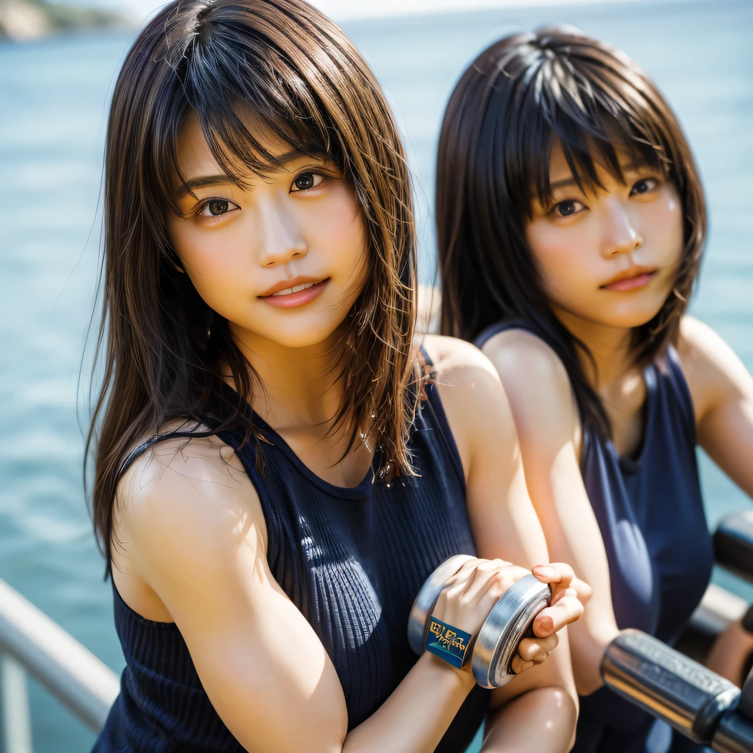 Beautiful identical twin sisters、(8K、Raw photo、highest quality、masterpiece:1.2)、(realistic、Photoreal:1.37)、Super detailed、超A high resolution、1 girl、There is a genuine uneven frame.、Kasumi Arimura、see the beholder、Beautiful and dense face、smile、narrow、(Muscular style) :1.3)、gymnastics、beautiful and smooth skin、skin texture、professional lighting、Full body Esbian、I'I am doing muscle training.....、(muscular body)、Hold dumbbells