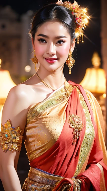 Thaifacemixx,full body image, Virtual image、Realistic picture,complete anatomy), 1 Thai Girl、dark brown hair、Bare your chest, showing your beautiful breasts.,Glowing skin、Spectacular Thai costumes,((The details are extremely realistic.))、Bright and soft to the eyes,realistic light illumination、sparkling eyes、Facing the camera ,Masterpiece、Asian beauty、สตูดิโอที่สวยงาม complete anatomy、、beautiful background、Realistic picture8k、Highest quality、Masterpiece、very delicate