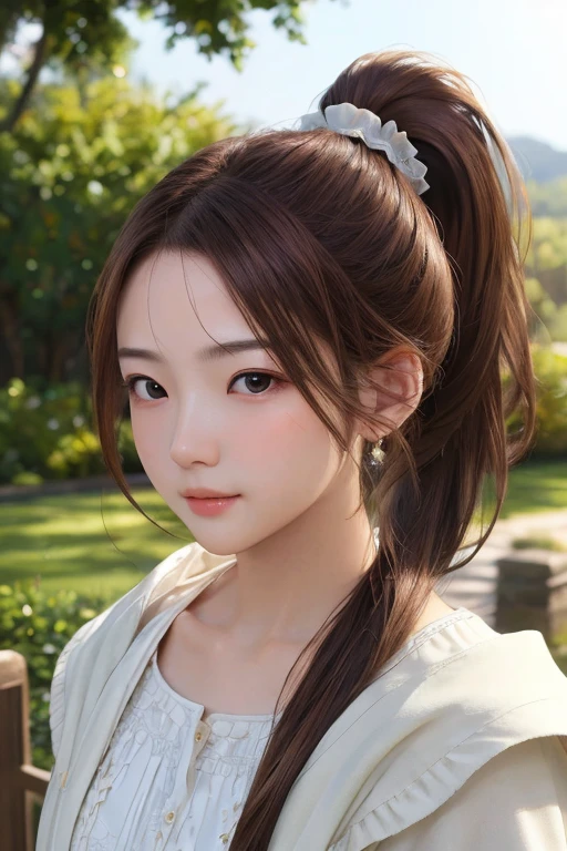 ultra high resolution、masterpiece、highest quality、
highly detailed face、detailed eye、Very difficult、、perfect shiny shiny skin、perfect lighting、detailed lighting、dramatic shadow、ray tracing、、
1 girl、ponytail hairstyle、Upper body、Cottage Core costume、looking at the viewer、(slight smile:0.4)