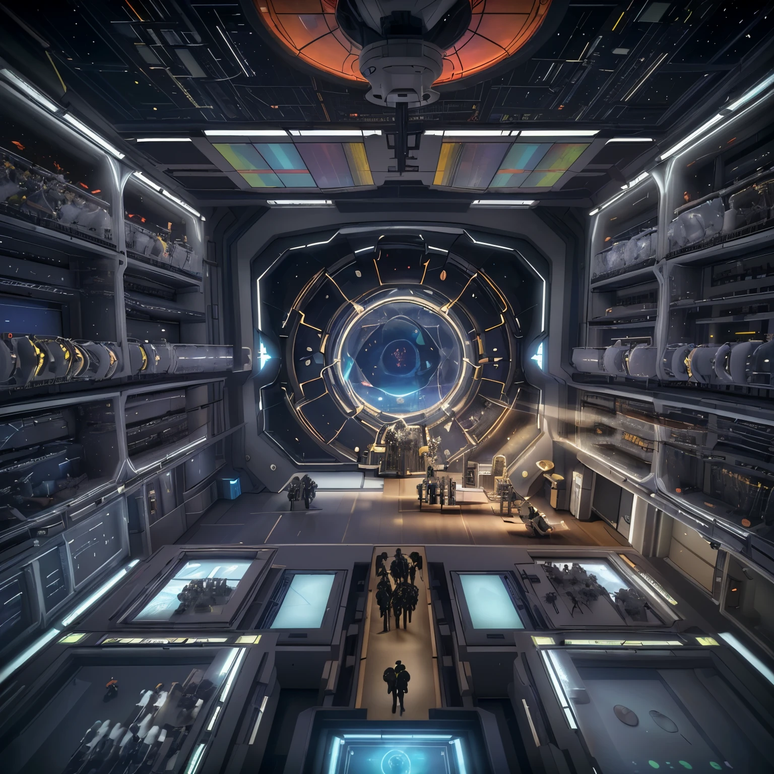 top view game,top view of lab room crowded with scientists that are observing using hologram machine,no man's sky style world ,halo world color style but redish,dark bckground,futurestic