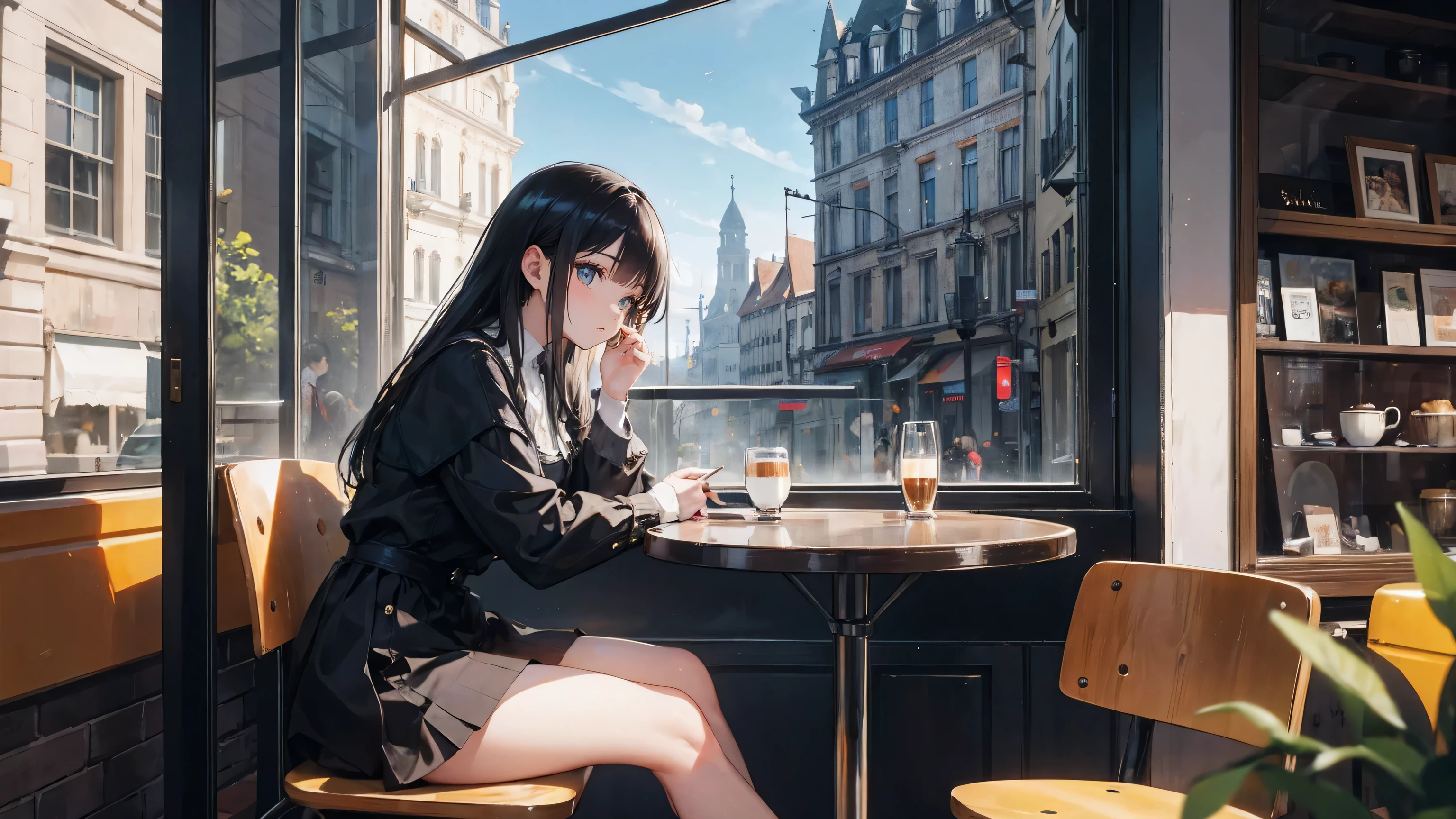 sit,one girl,beautiful,shiny,coffee,reading,glass,Beautiful,Literature and Art,girl,White,jk,long black hair,window,Afternoon,cafes,The medieval streets are outside the window,There are one or two pedestrians,It was quiet