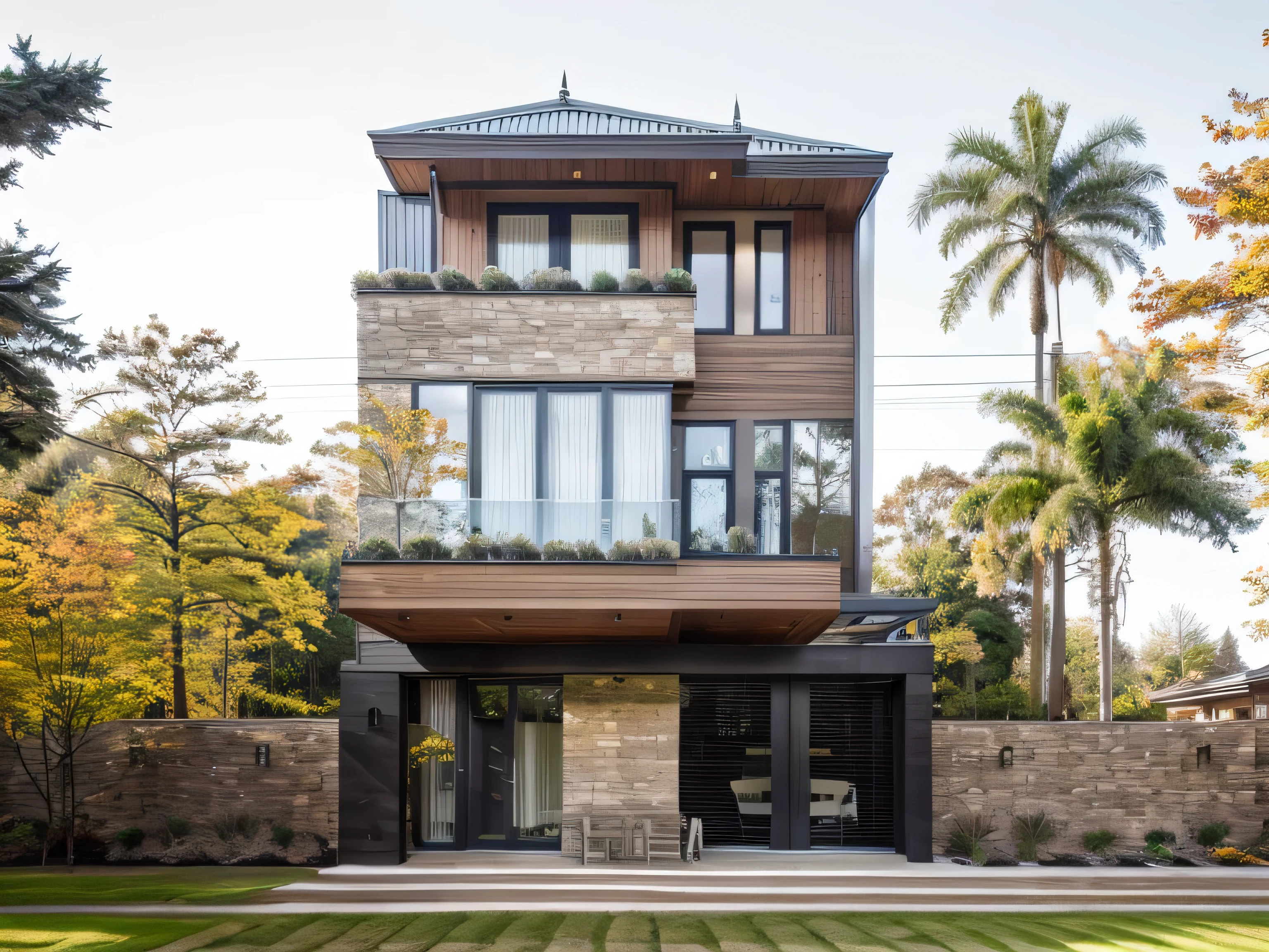 house exterior contemporary style, modernism, glass doors and windows,black metal rail, conwood ceilling, masterpiece, highquality, realistic photo, canon eos 5D mark, natural light, 