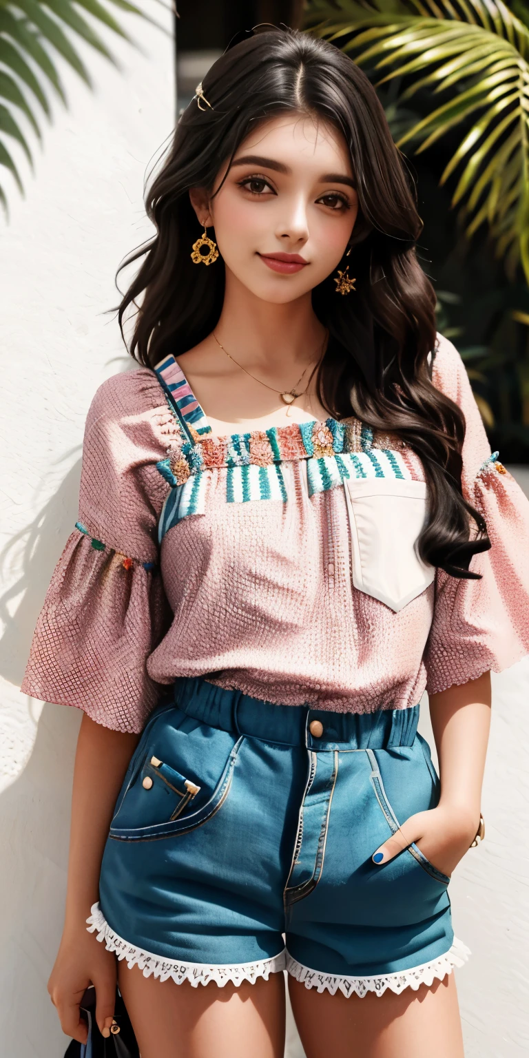1 garota de corpo inteiro num jardim colorido, rosto muito detalhado, ela com cabelo loiro e uma touca de coelho com uma estrela na frente, She is wearing a black striped jumpsuit with shorts and a kitten design on the pocket on the front of the super detailed blouse., ela sorrindo com as bochechas rosadas detalhadamente
