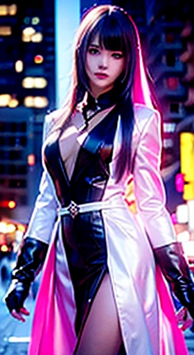 (highest quality,4k,8K,High resolution,masterpiece:1.2),Super detailed,(realistic,realistic,realistic:1.37),long range shooting,Blue-haired woman,Hair falls on the left shoulder,Wearing a white trench coat lined in red, black mini skirt,Patterned stockings,high heels,walking down the street,portrait,conceptual art,blurred background,soft lighting,vivid tones