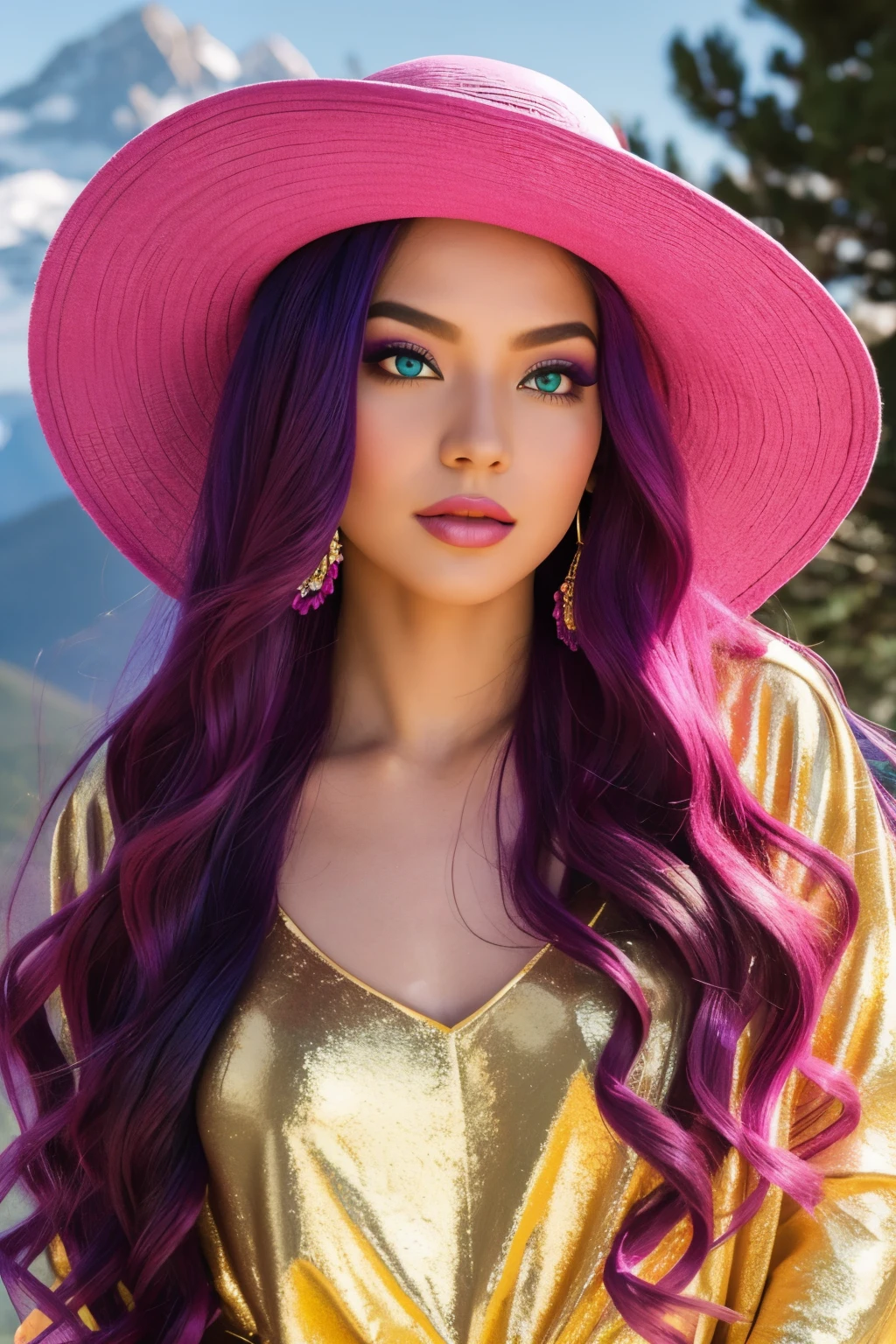 Full body portrait of an ethereal woman with beautiful, very long magenta hair cascading down her back. Her face is extremely detailed, with big, colorful eyes framed by long eyelashes and double eyelids. She wears three gradient teal shades of eyeshadow and eyeliner, giving her a mesmerizing gaze. Rosy cheeks add a touch of warmth to her glossy, realistic skin texture. Her full lips are adorned with a golden glitter-infused lipstick. She accessorizes with magenta and teal jewelry, complementing her vibrant appearance. Topping off her ensemble is a red hat adorned with golden feathers.

In this full body portrait, the woman stands confidently on a mountain, her feet visible among a bed of flowers. The mountain is sh