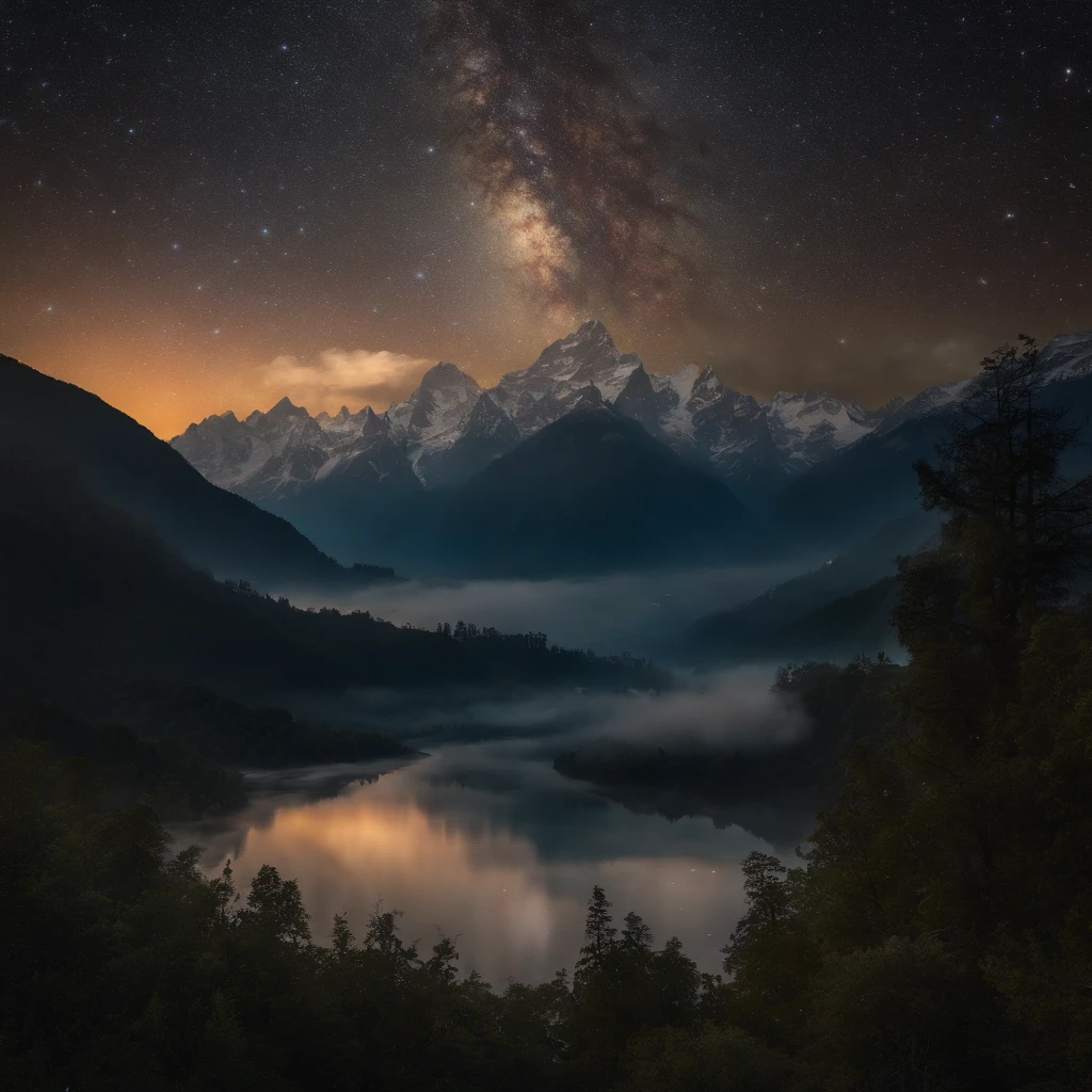 (best quality,4k,8k,highres,masterpiece:1.2),ultra-detailed,(realistic,photorealistic,photo-realistic:1.37),mountain in heaven,night full of stars,spidermen side tree,spidermen on tree branch,glowing stars in the sky,serene and majestic atmosphere,grandeur and beauty of the mountain,tree branches gently swaying in the breeze,golden moonlight casting a soft glow,peaceful and tranquil ambiance,shadow of the mountain stretching across the landscape,magical and dreamlike scenery,starlight illuminating the surroundings,brilliant constellations dotting the night sky,colorful nebulae shimmering in the distant galaxies,cosmic dust creating a mesmerizing cosmic scene,spider webs glistening with dewdrops,crisp mountain air filling the scene,moonlit clouds drifting above the mountain peaks,spidermen gracefully hanging from the tree branches,spider silk glimmering in the moonlight,a sense of adventure and mystery in the air,awe-inspiring view of the vast universe,harmony between nature and the celestial realm,enchanted forest with ancient trees surrounding the mountain,playful interaction between spidermen and the natural environment