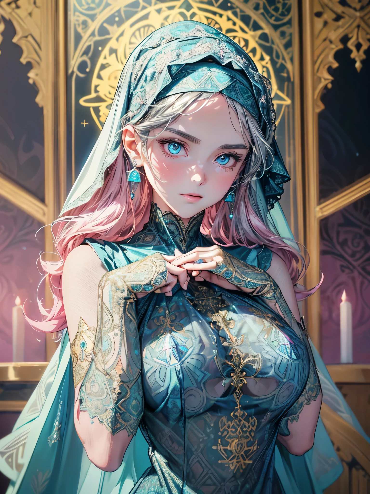 (best quality, high resolution, masterpiece:1.2), Super detailed, Beautiful and delicate lake green eyes, Beautiful and delicate lips, extremely detailed face, super long hair, 1 girl, Beautiful girl with aqua hair, Wearing a glow dark blue nun costume, Lace platinum nuns headscarf, (gold ornaments), ((golden and silver pattern)), (Glowing pink pattern:1.37), (Glowing light blue pattern:1.37), (complex pattern:1.37), Lovely, attractive, portrait, delicate eyes, ancient tranquil church, (Luminous clothing design:1.47), Luminous earrings, Reflective pupil, see-through clothing design, empty, chiffon, lace, black gloves, Cubist Futurism, anime, 8K, textured skin, UHD, ccurate